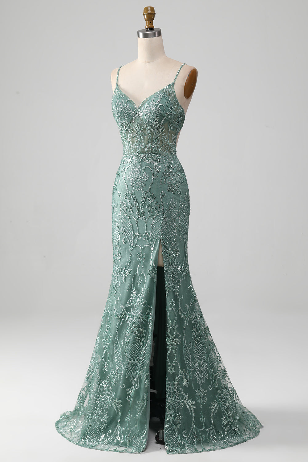 Spaghetti Staps Sparkly Grey Green Prom Dress with Beading