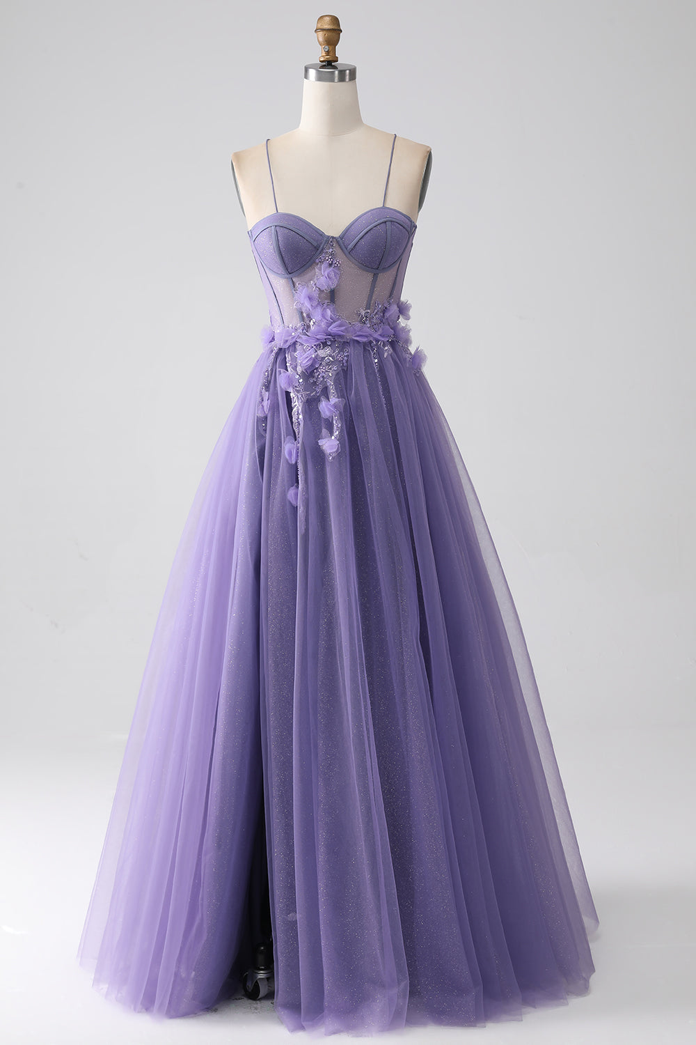 Purple A-Line Spaghetti Straps Corset Prom Dress with 3D Flowers