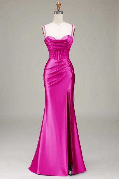 Satin Spaghetti Straps Royal Blue Prom Dress with Corset