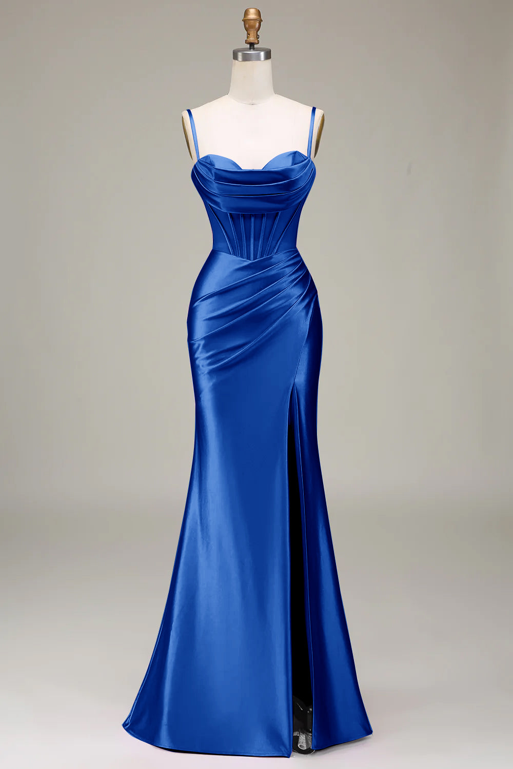 Navy Mermaid Spaghetti Straps Corset Prom Dress with Split Front