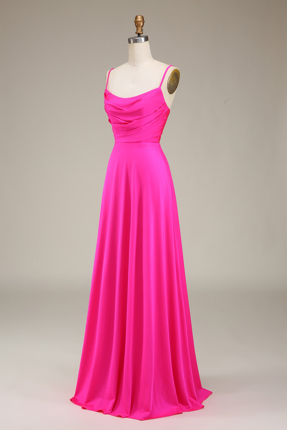 Hot Pink Spaghetti Straps A-line Prom Dress with Pleated