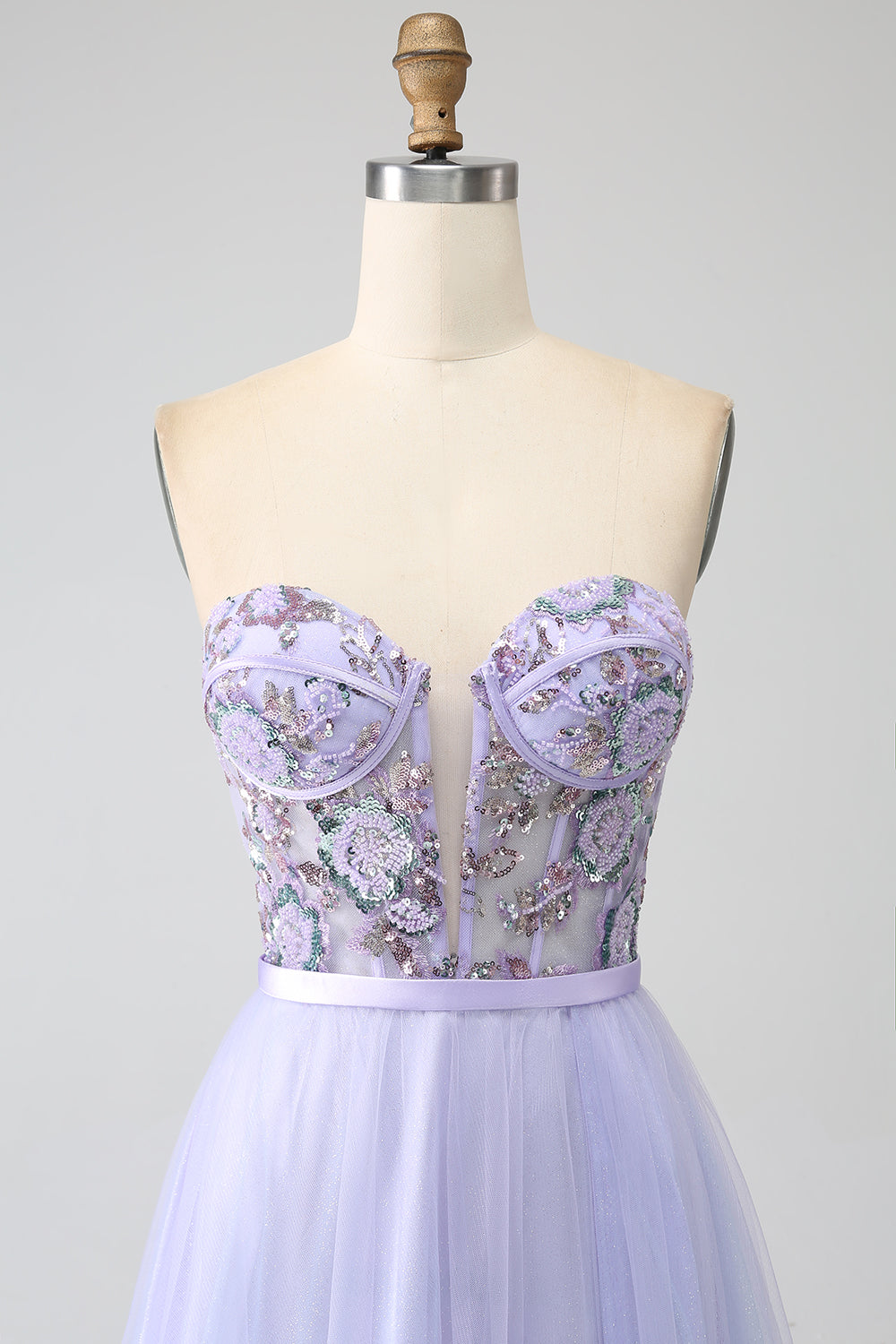 Lavender A Line Tulle Corset Prom Dress with Slit