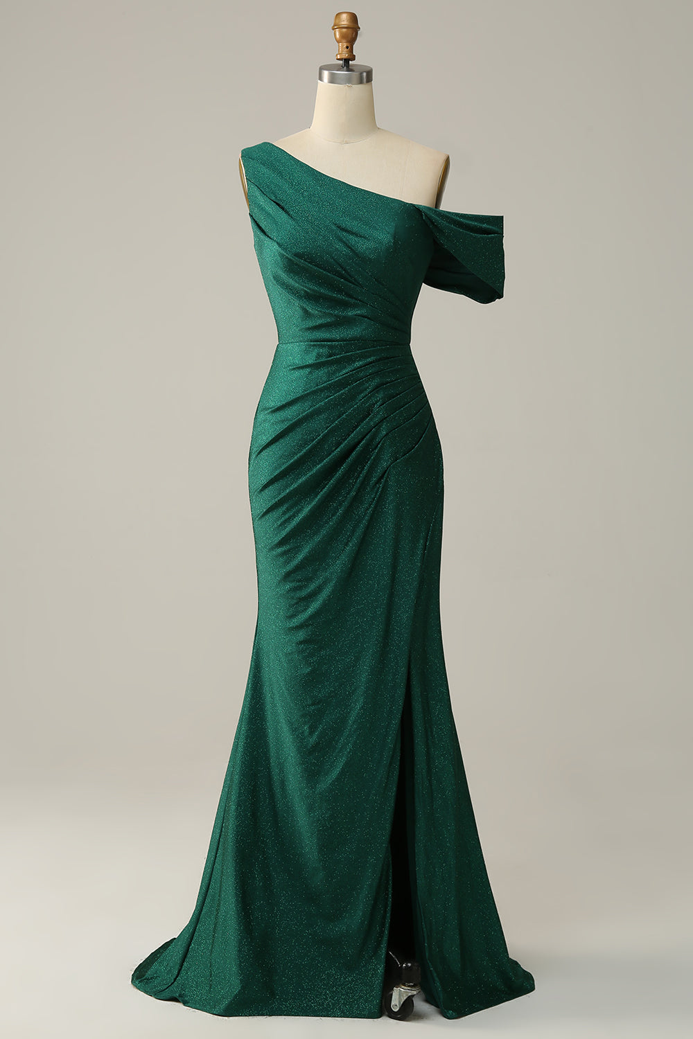 Dark Green One Shoulder Mermaid Satin Prom Dress with Slit