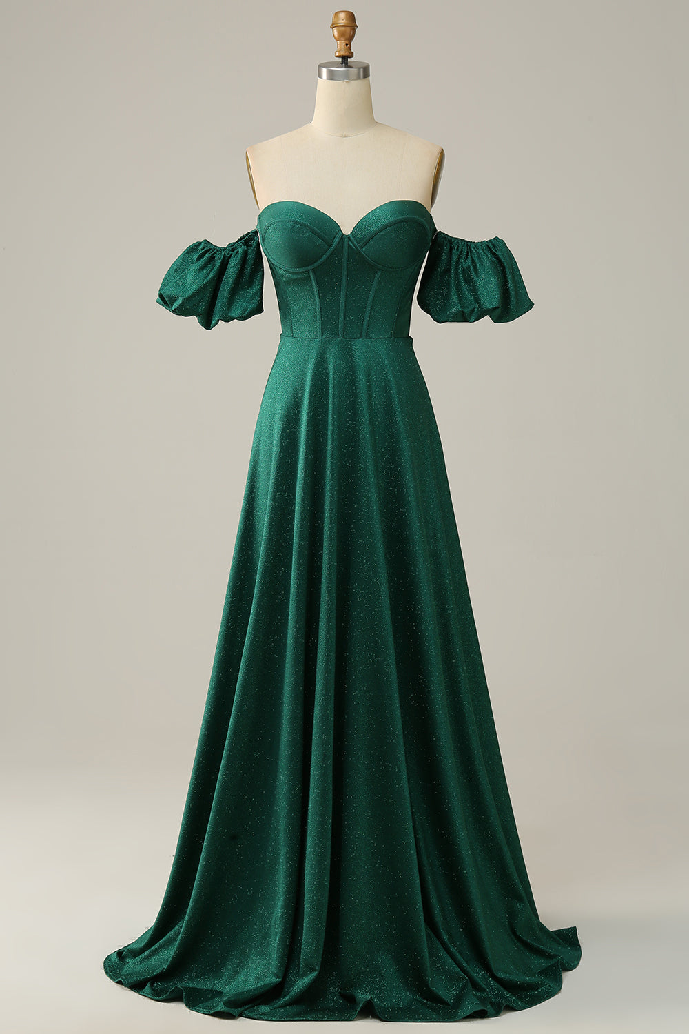 Green Off the Shoulder A-line Satin Prom Dress