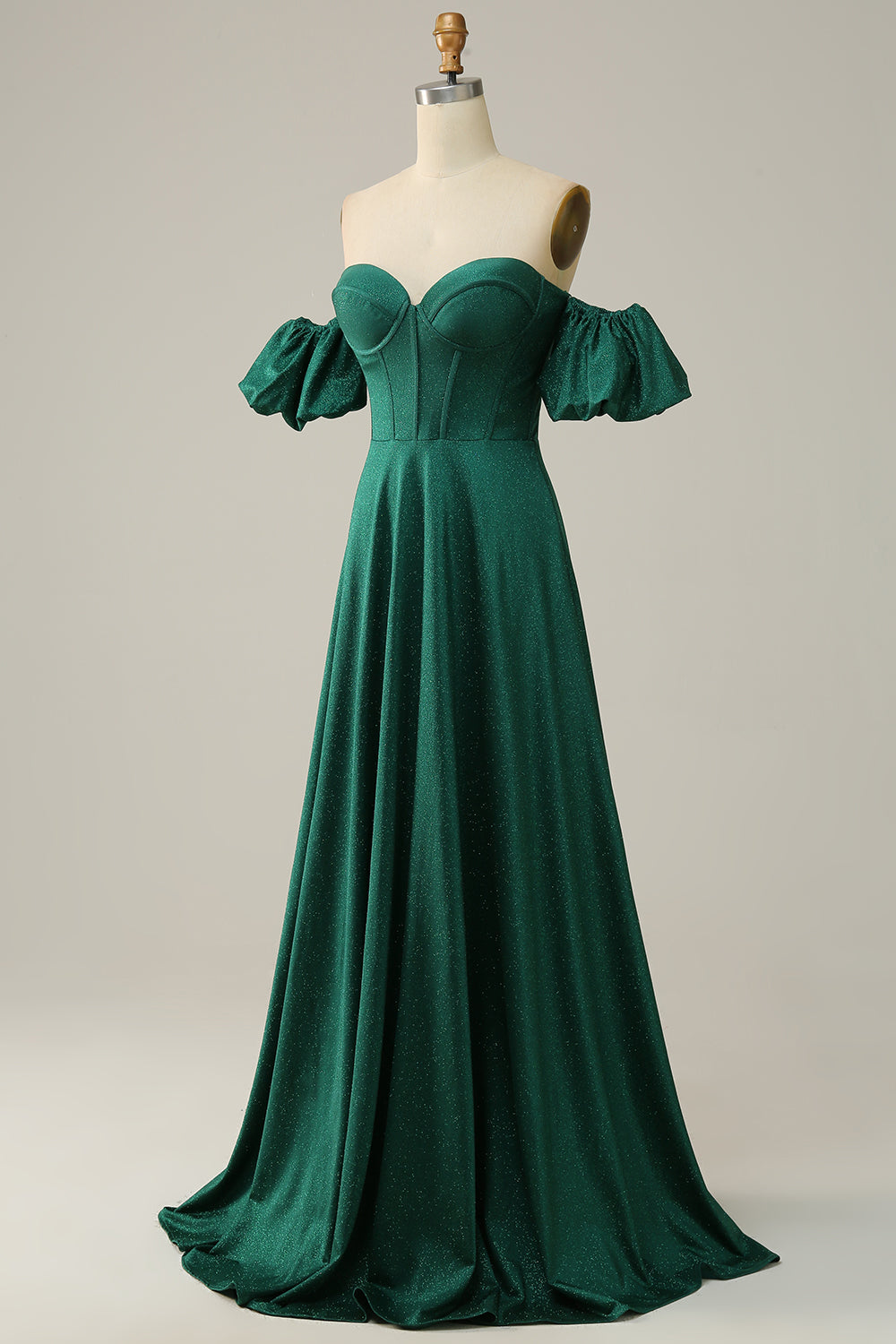 Green Off the Shoulder A-line Satin Prom Dress