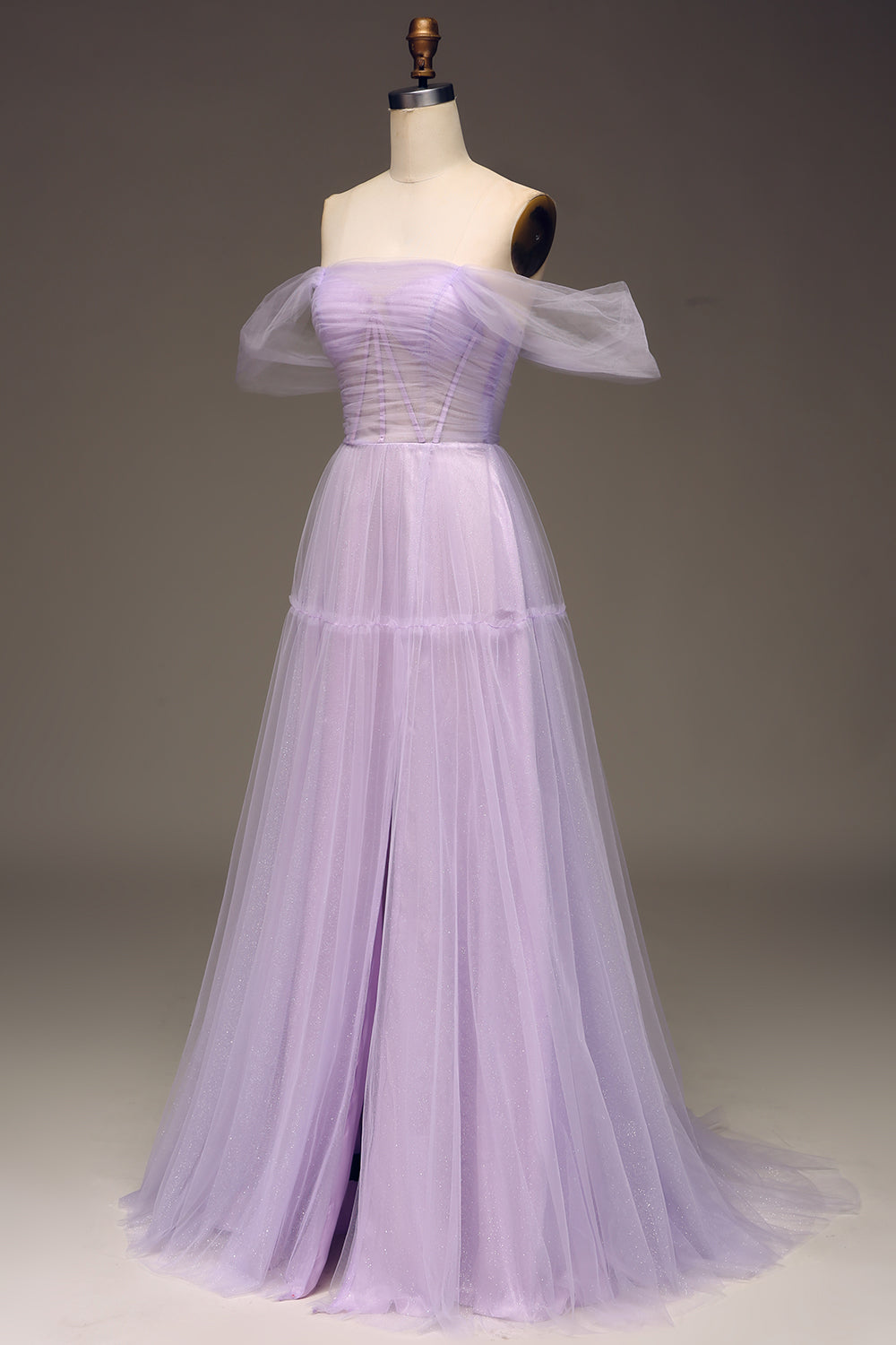 Lilac Off the Shoulder A Line Tulle Princess Prom Dress With Slit