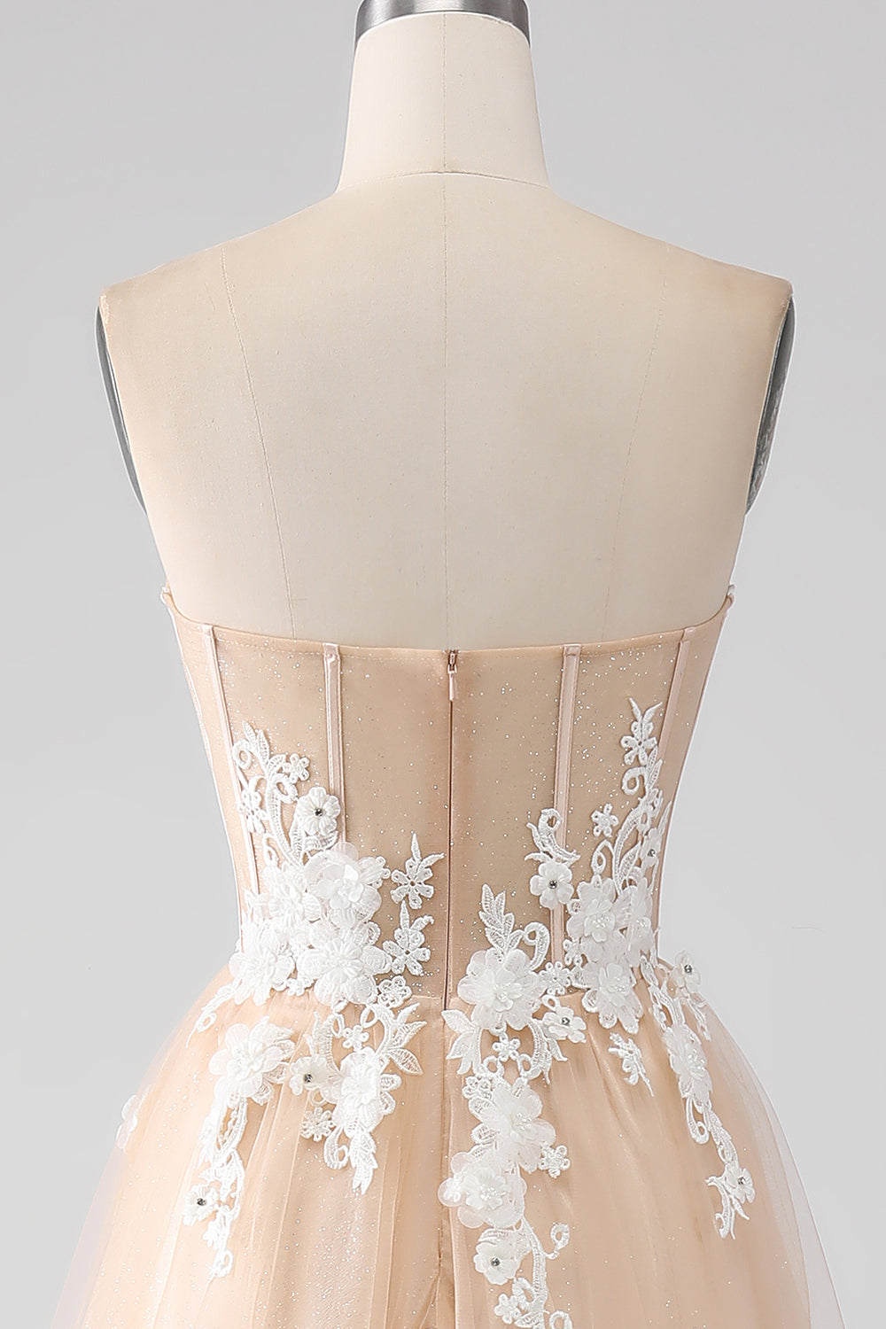 A-Line Champagne Strapless Corset Prom Dress with Appliques