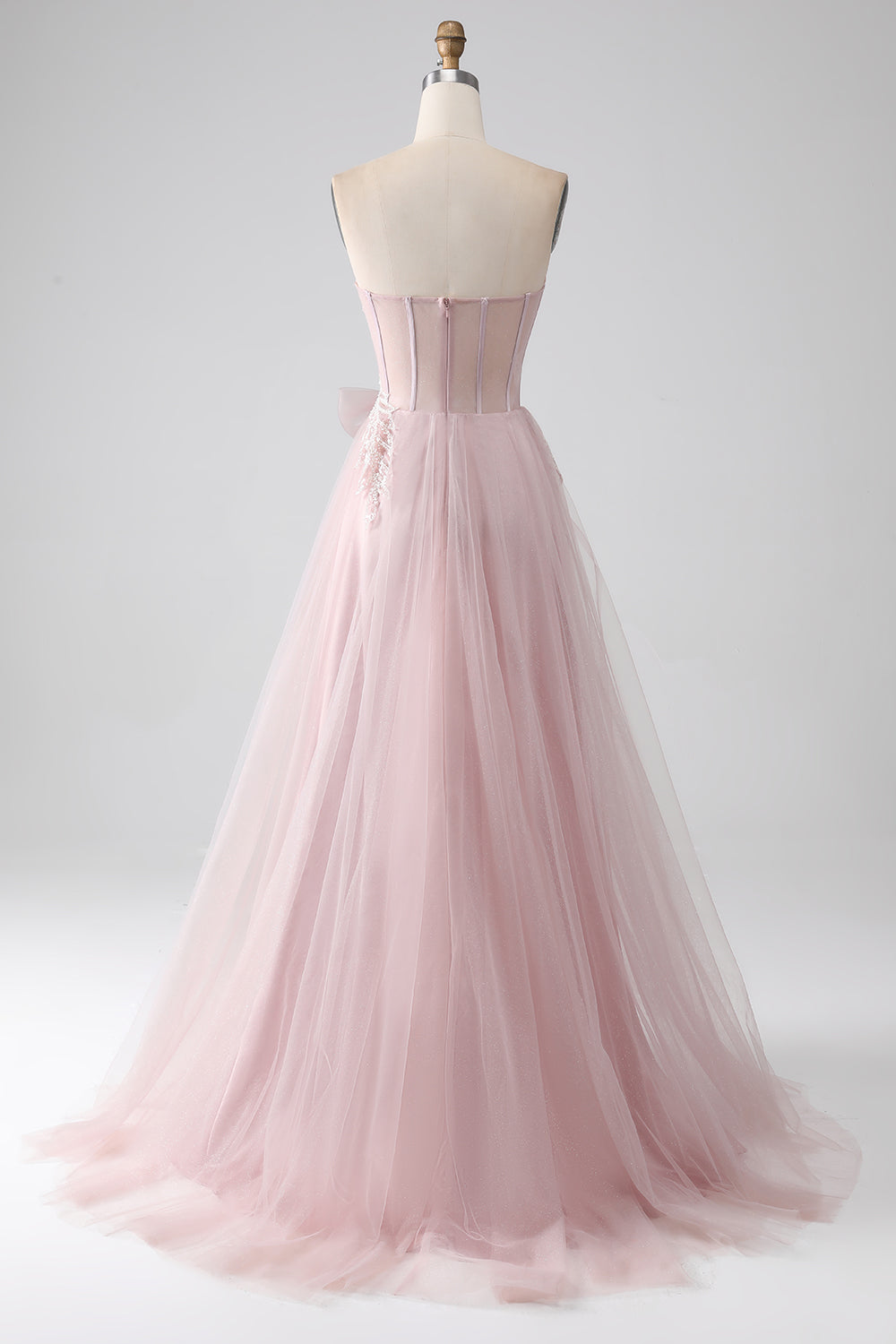 Sparkly A Line Strapless Tulle Prom Dress with Bow