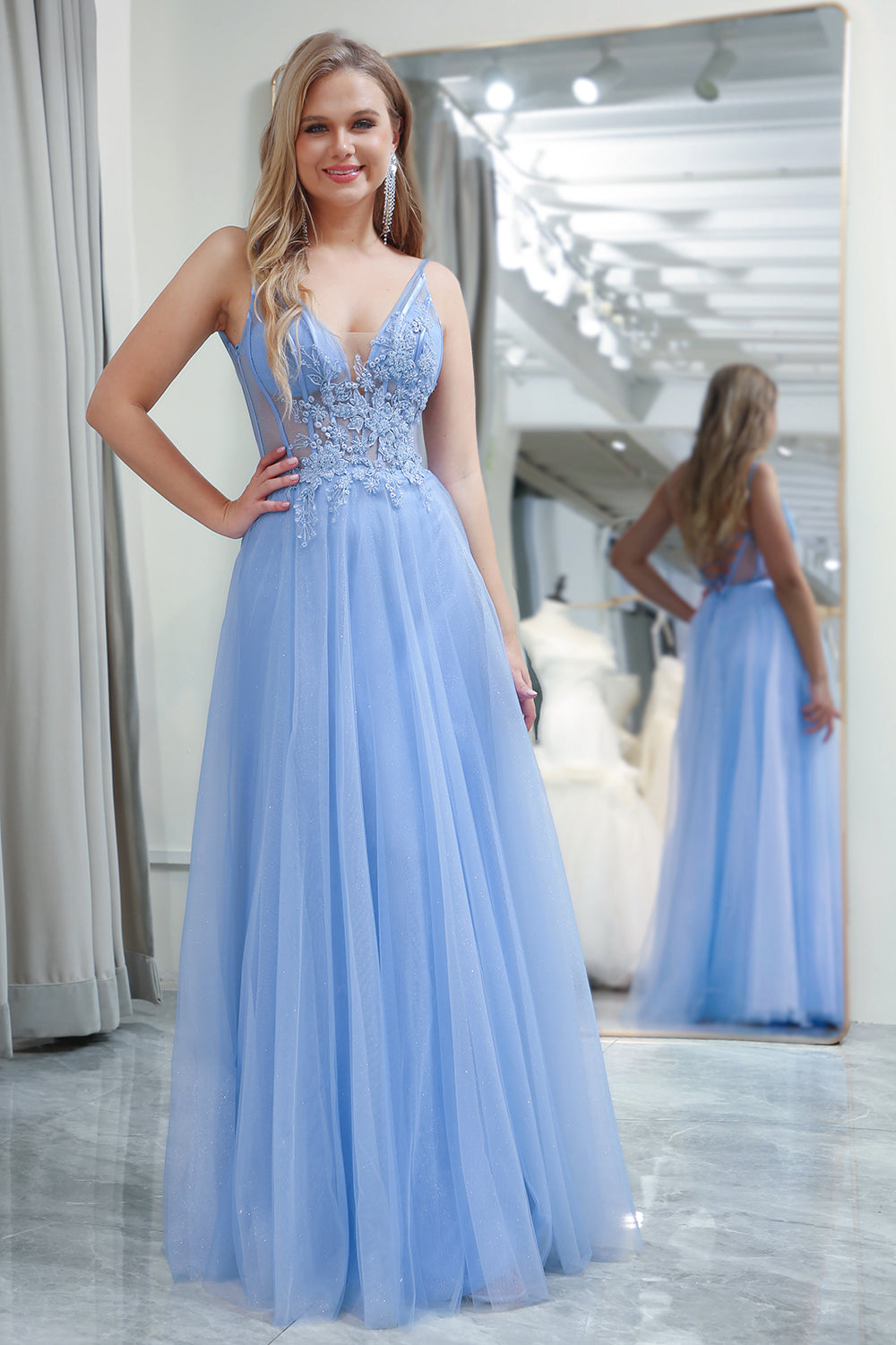 Light Blue A-Line V Neck Tulle Prom Dress With Appliques