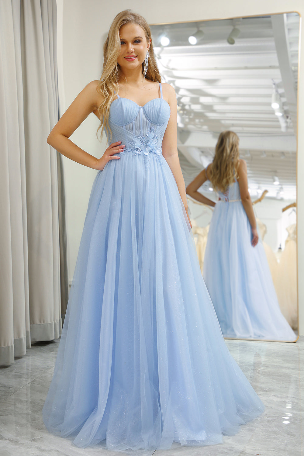 Sparkly Light Blue A-Line Tulle Prom Dress With Appliques