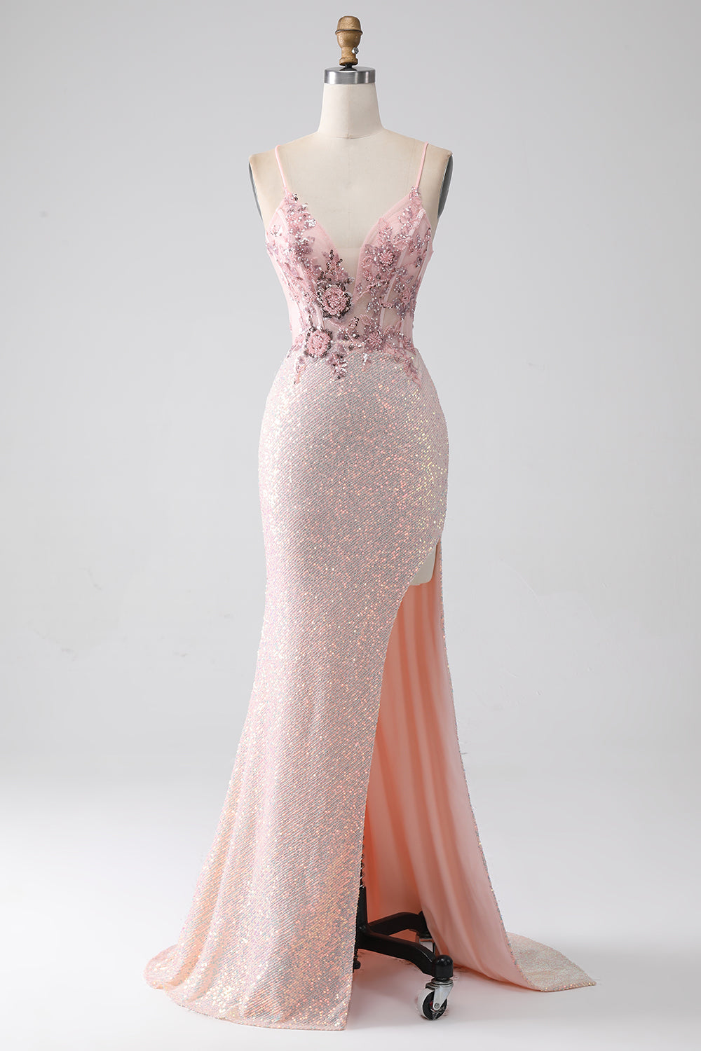 Glitter Pink Beaded Mermaid Prom Dress with Slit