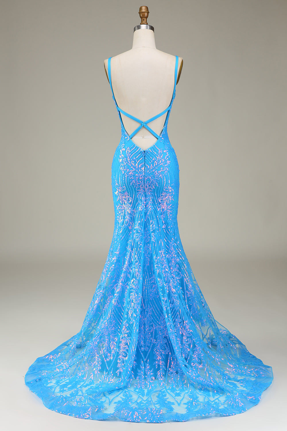 Sparkly Blue Deep V-neck Mermaid Prom Dress