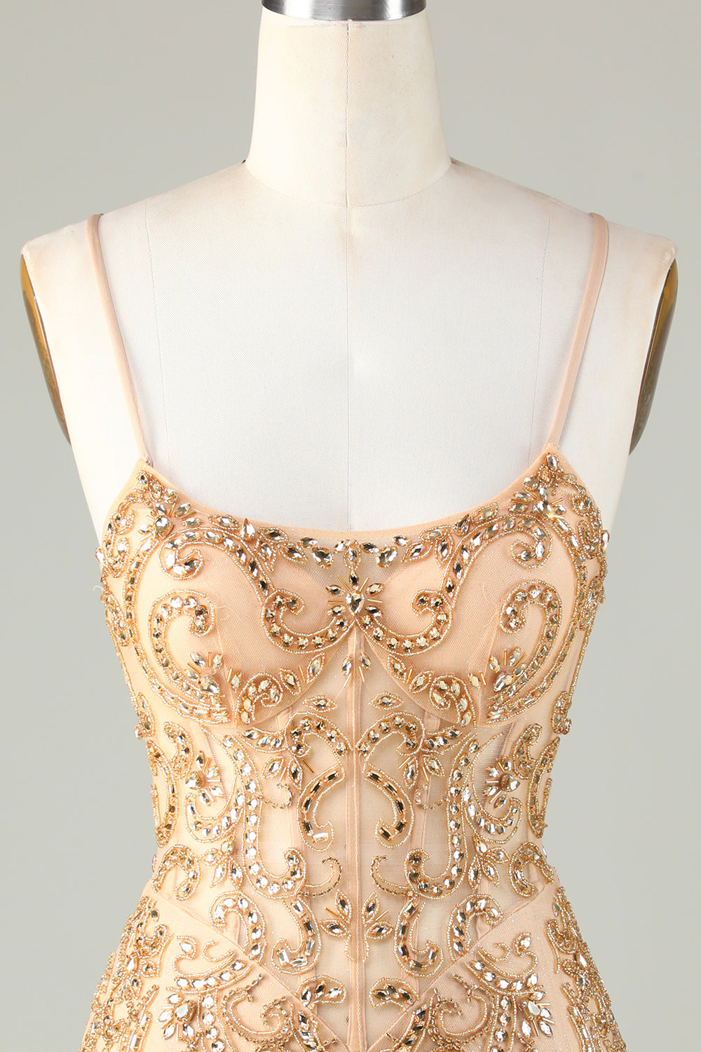 Spaghetti Straps Golden Tight Homecoming Dress with Beading