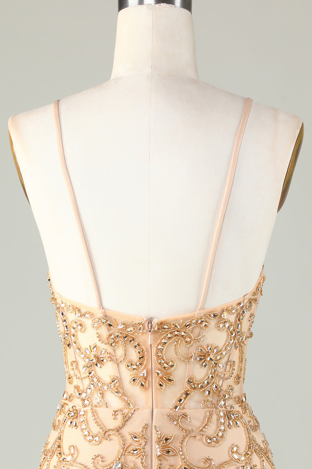 Spaghetti Straps Golden Tight Homecoming Dress with Beading