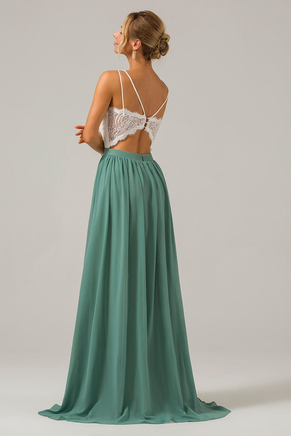 Eucalyptus Open Back Boho Chiffon Long Bridesmaid Dress with Lace