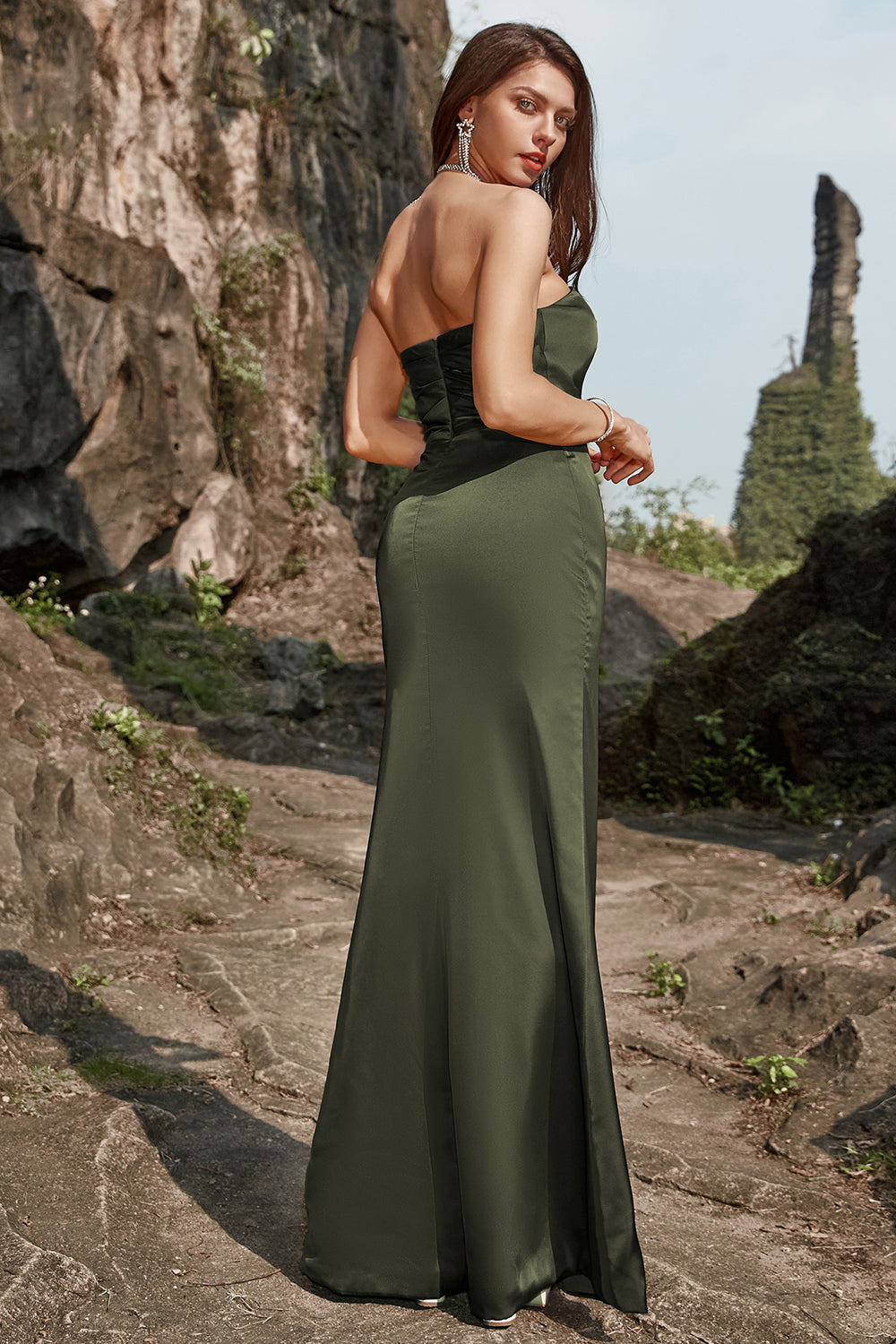 Sheath Strapless Olive Long Prom Dress with Split Front