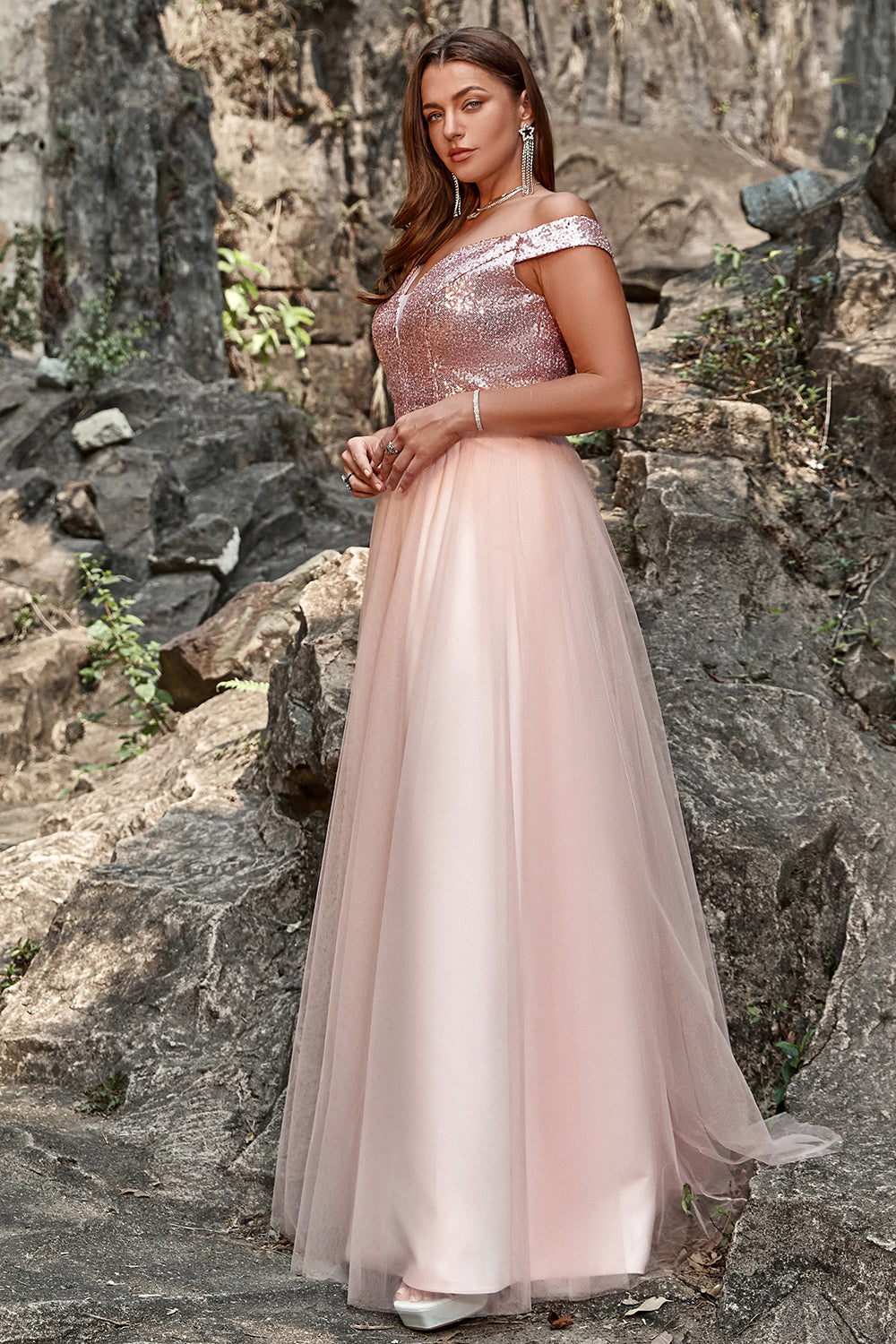 A Line Off the Shoulder Blush Plus Size Prom Dress