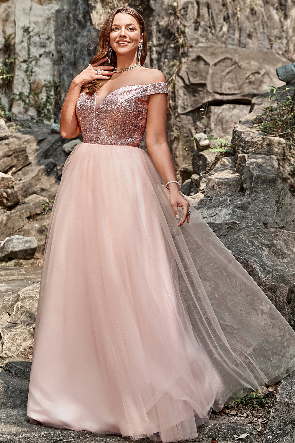 A Line Off the Shoulder Blush Plus Size Prom Dress