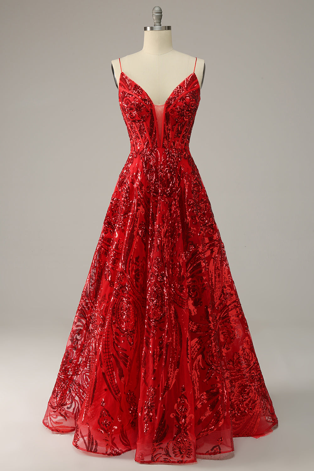 Red Spaghetti Straps Sequin Prom Dress