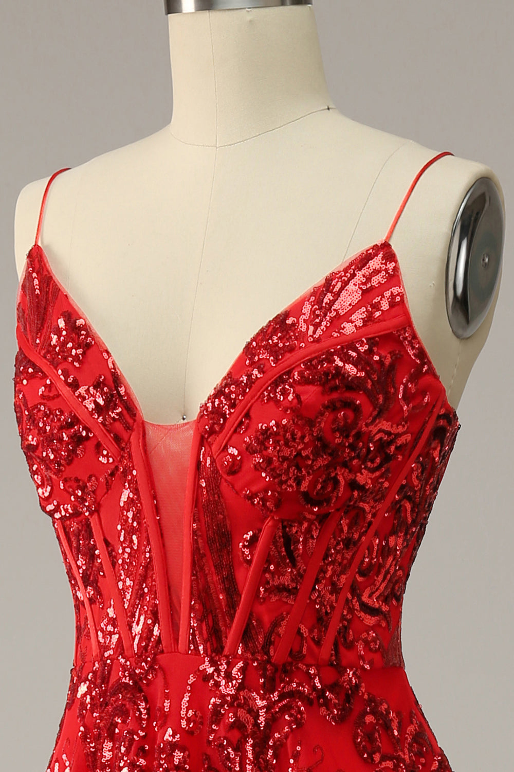 Red Spaghetti Straps Sequin Prom Dress