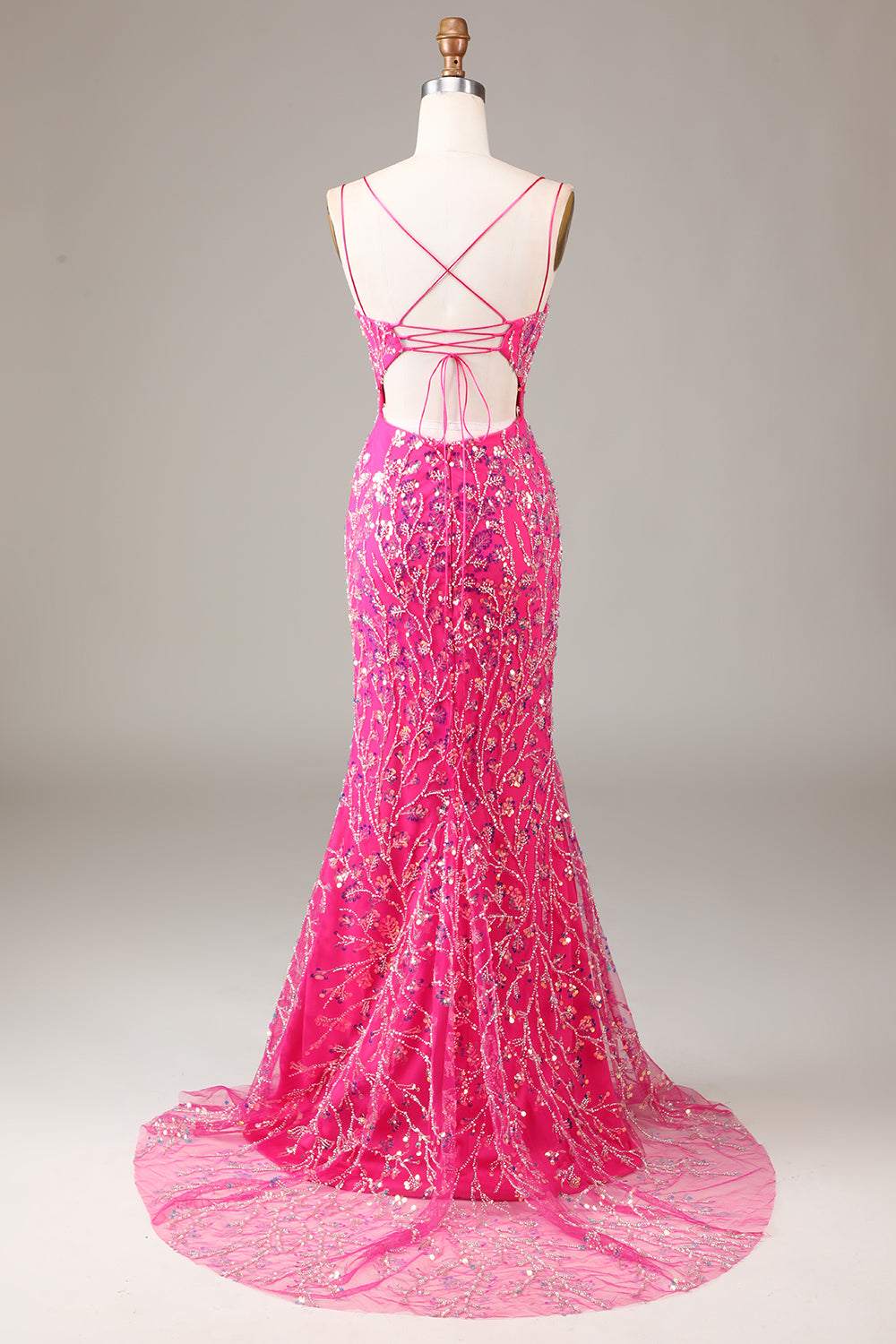 Hot Pink Sequins & Beaded Mermaid Prom Dress with Slit