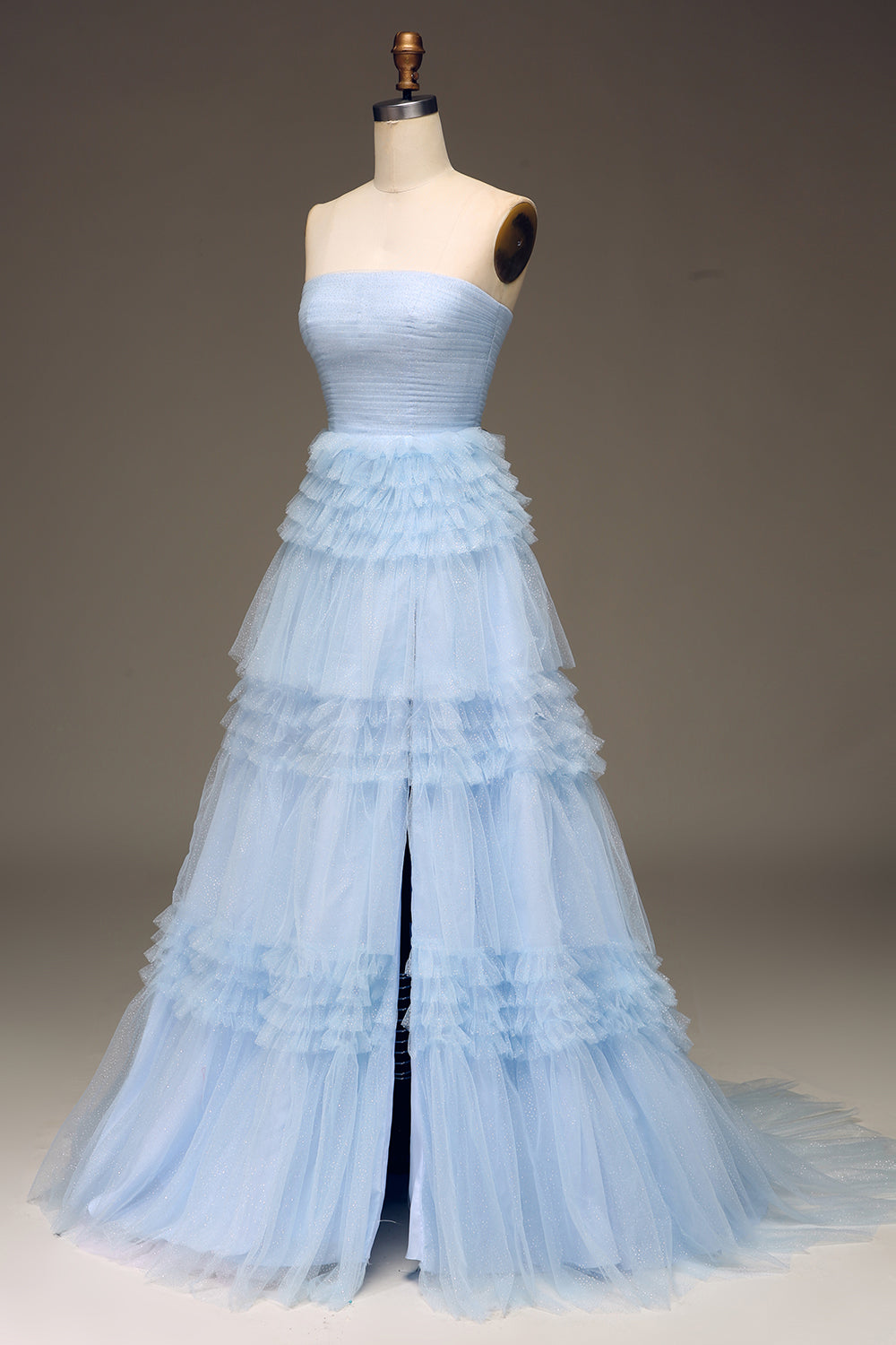 Tulle Light Blue Tiered Strapless Prom Dress with Slit