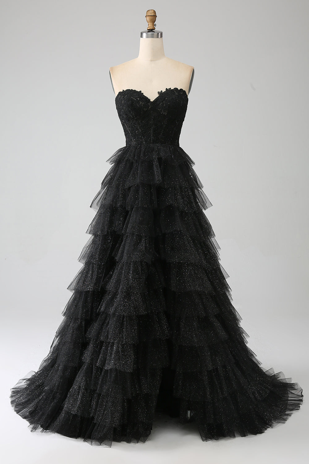 Trendy A Line Sweetheart Black Corset Prom Dress with Ruffles