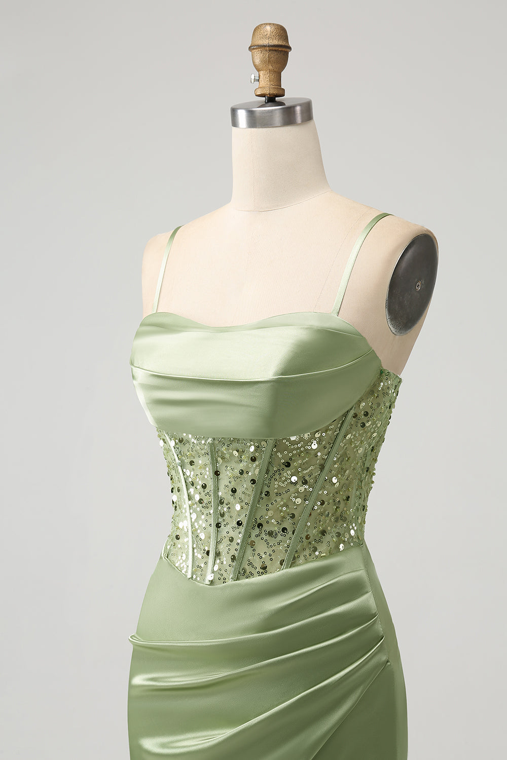 Glitter Sage Green Bodycon Sequin Corset Short Homecoming Dress with Slit