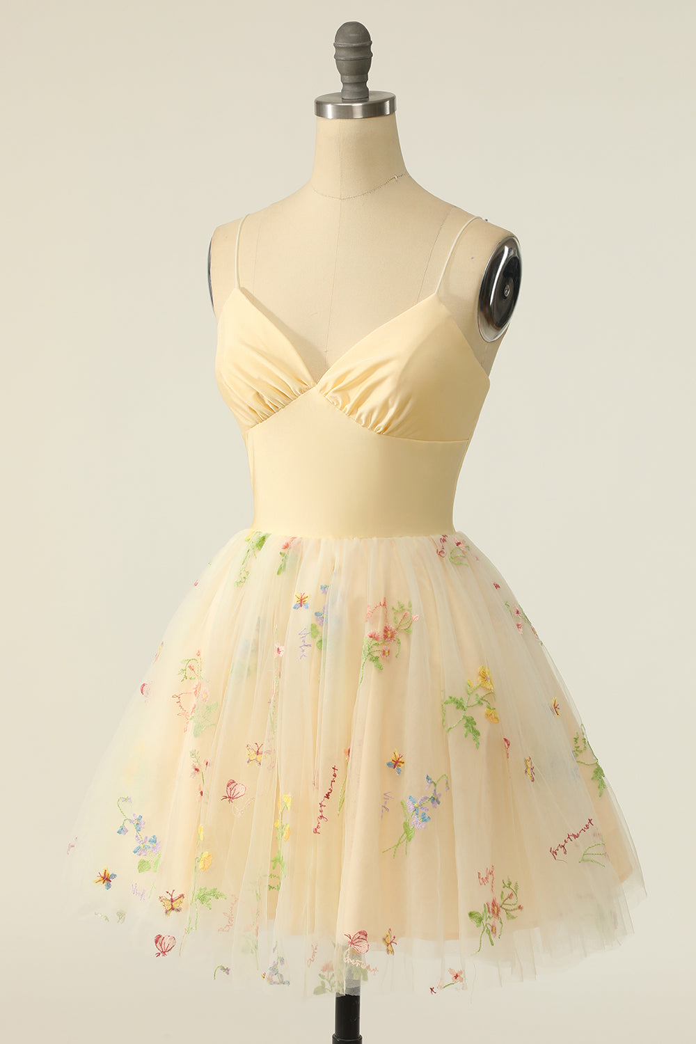 Champagne Tulle Spaghetti Straps A-line Homecoming Dress with Embroidery