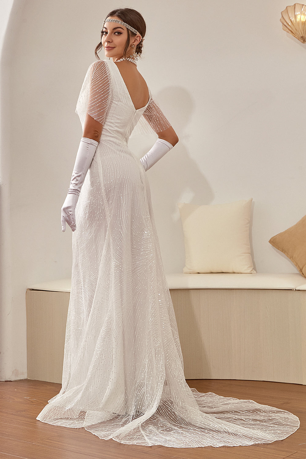 Mermaid White V-Neck Wedding Dress