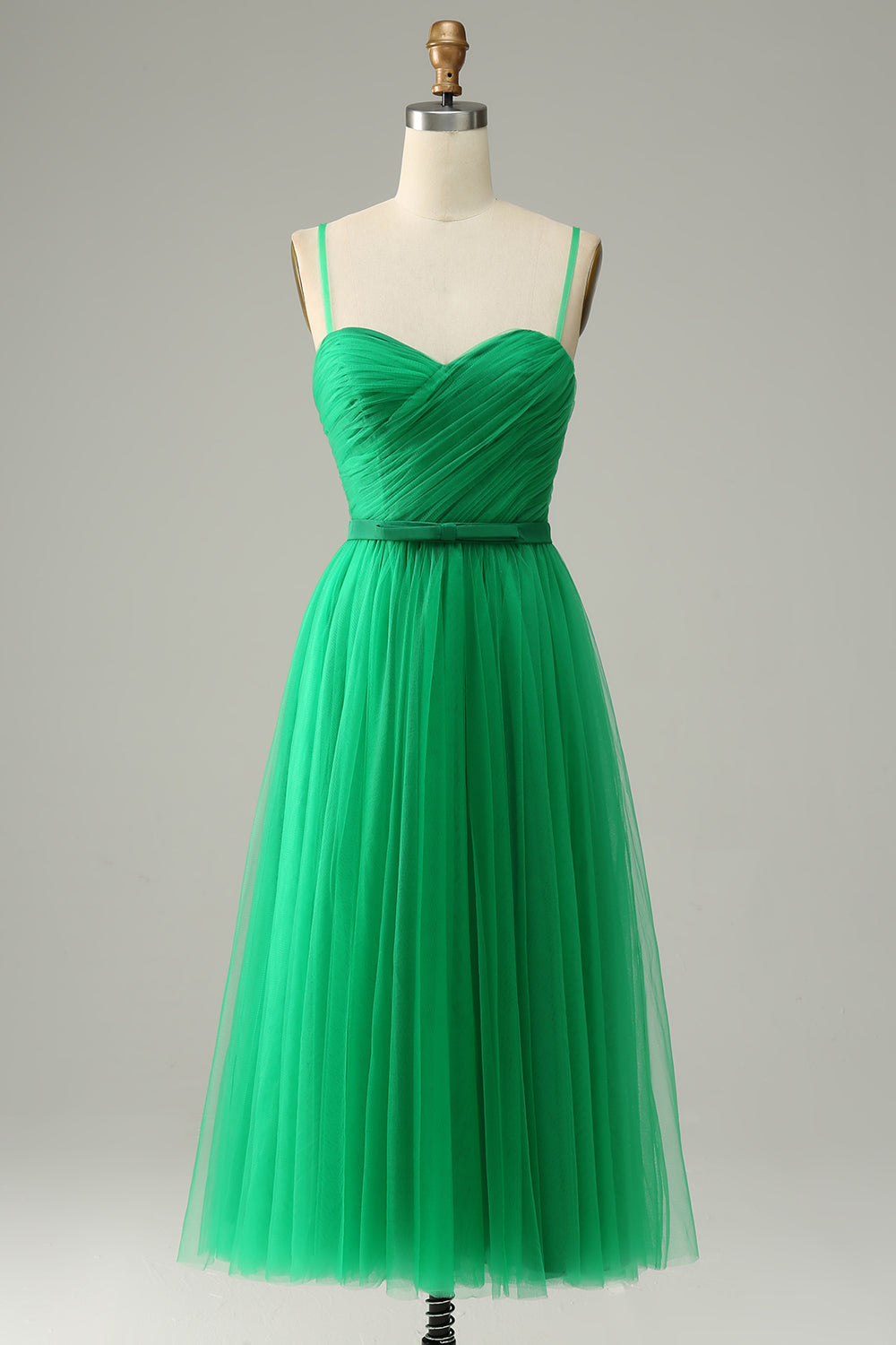 Green Tulle A-line Midi Prom Dress with Ruffles