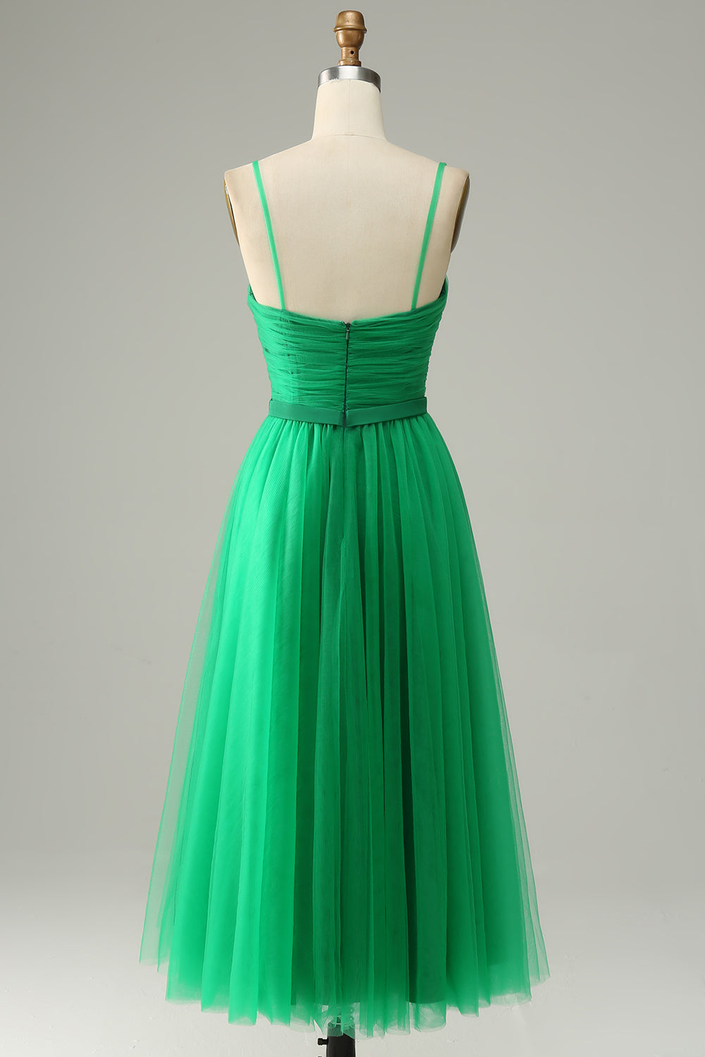 Green Tulle A-line Midi Prom Dress with Ruffles