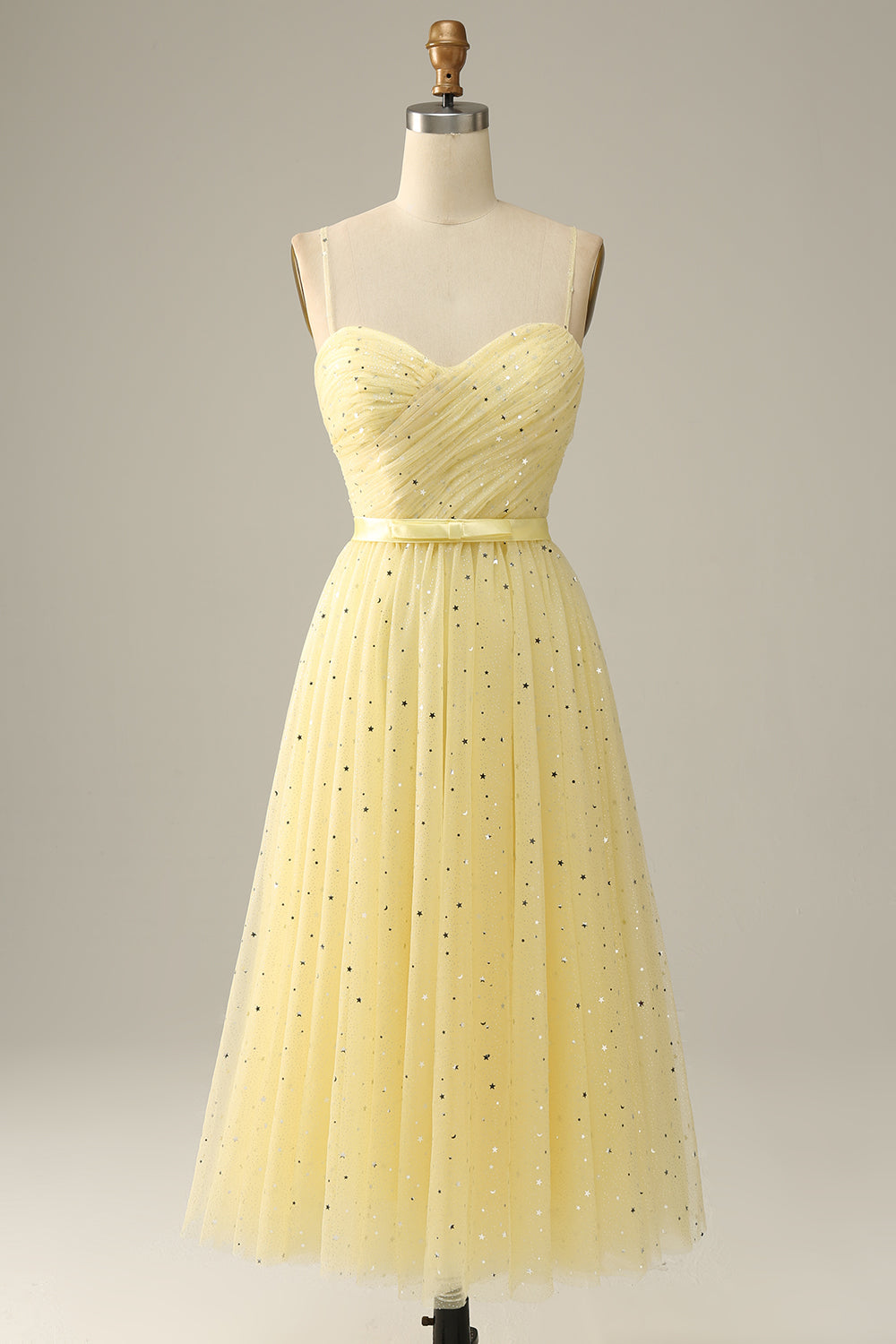 Yellow Spaghetti Straps Tea Length Prom Dress