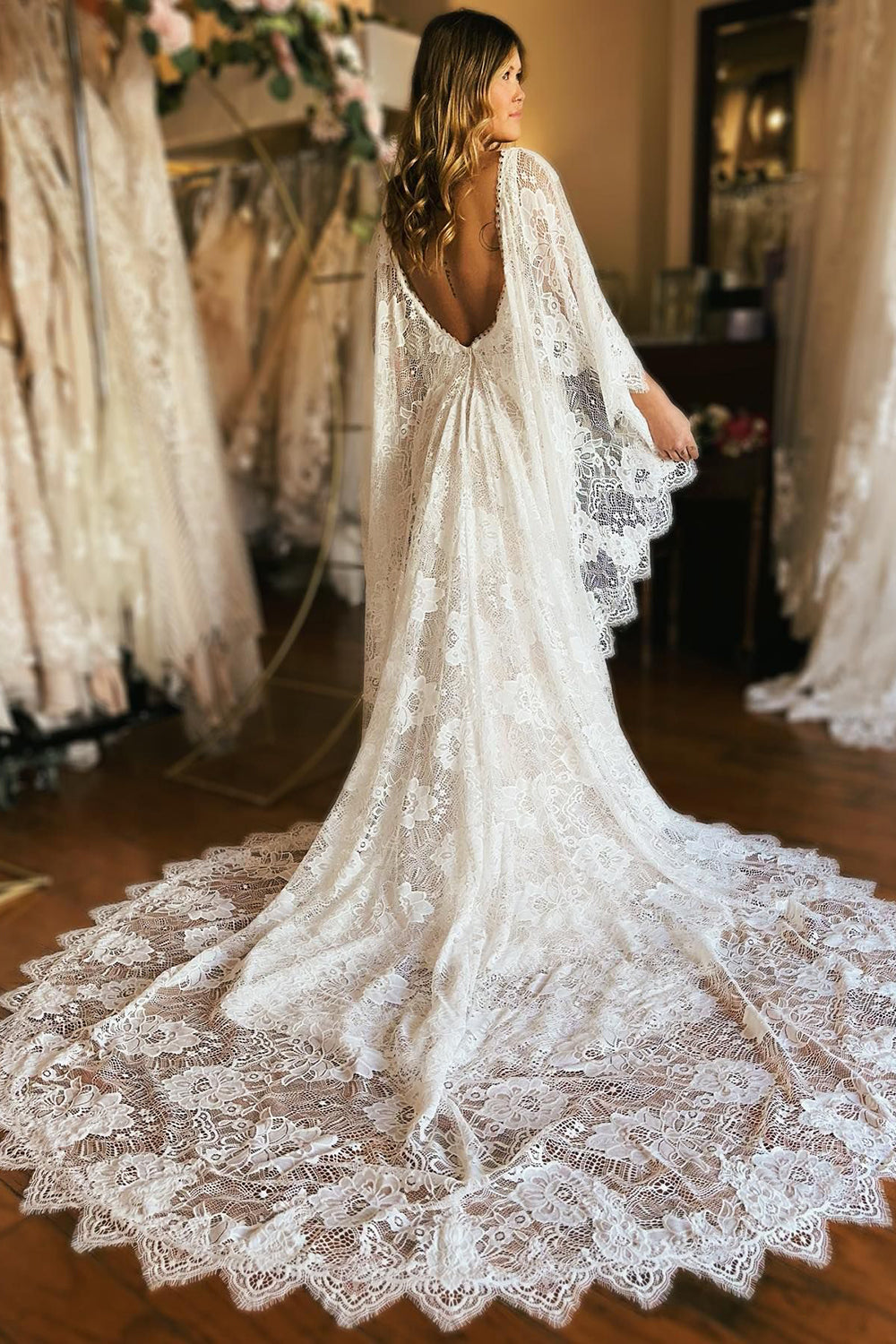 Anais | Ivory Long Sleeve Cape Lace Mermaid Wedding Dress with Appliques