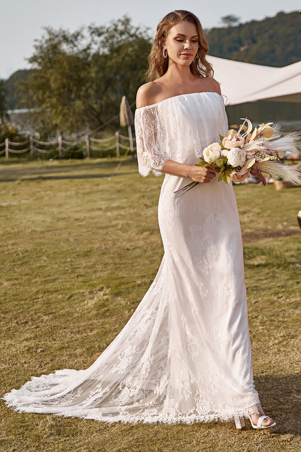 Ivory Mermaid Off The Shoulder Lace Boho Wedding Dress With Sweep Train