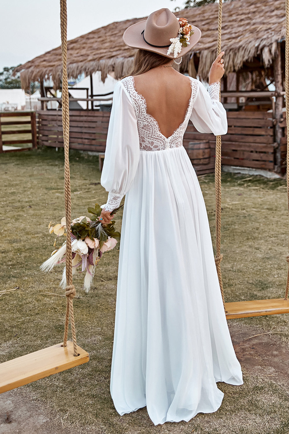 Ivory Lace Chiffon V-Neck Long Sleeve Boho Wedding Dress