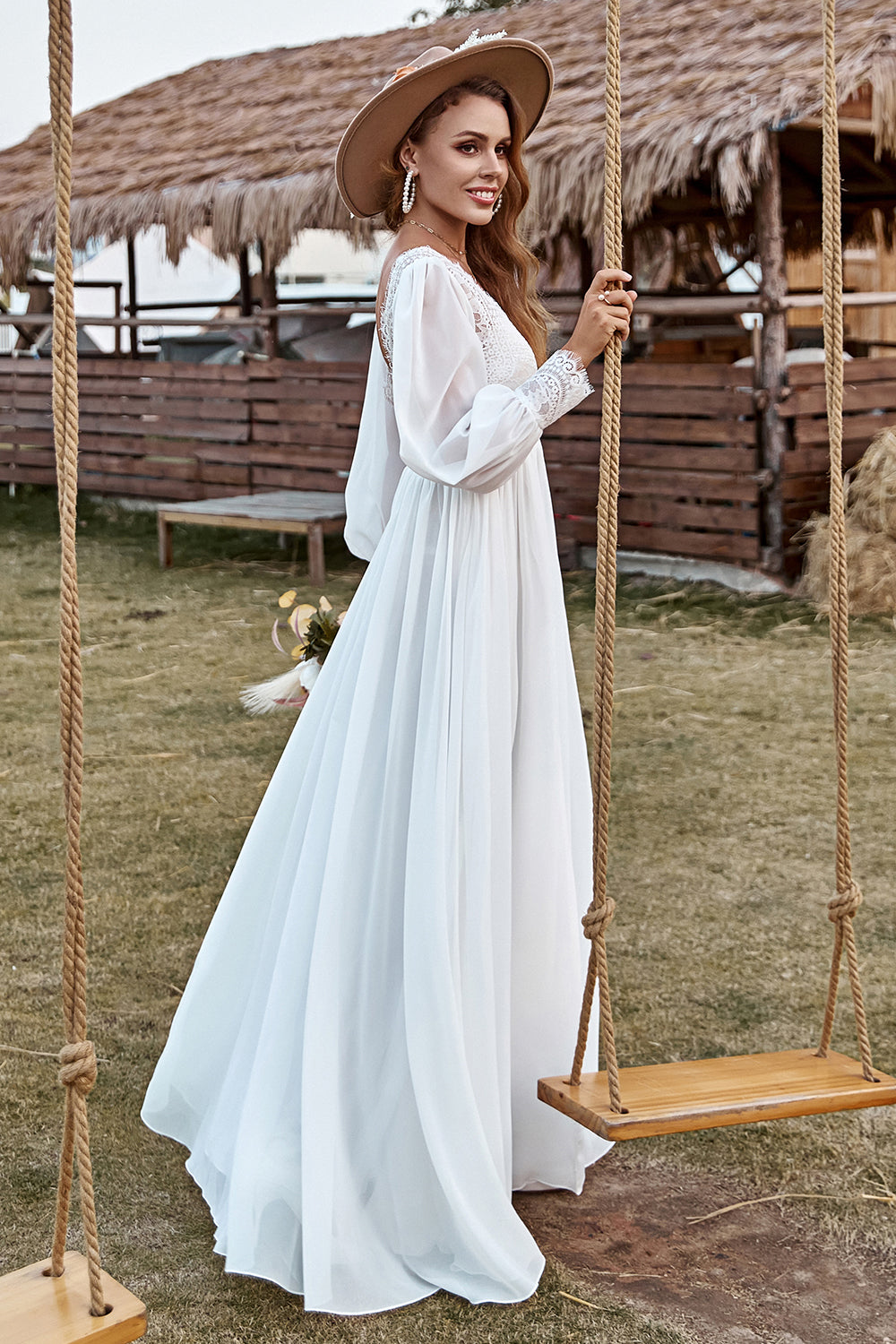 Ivory Lace Chiffon V-Neck Long Sleeve Boho Wedding Dress