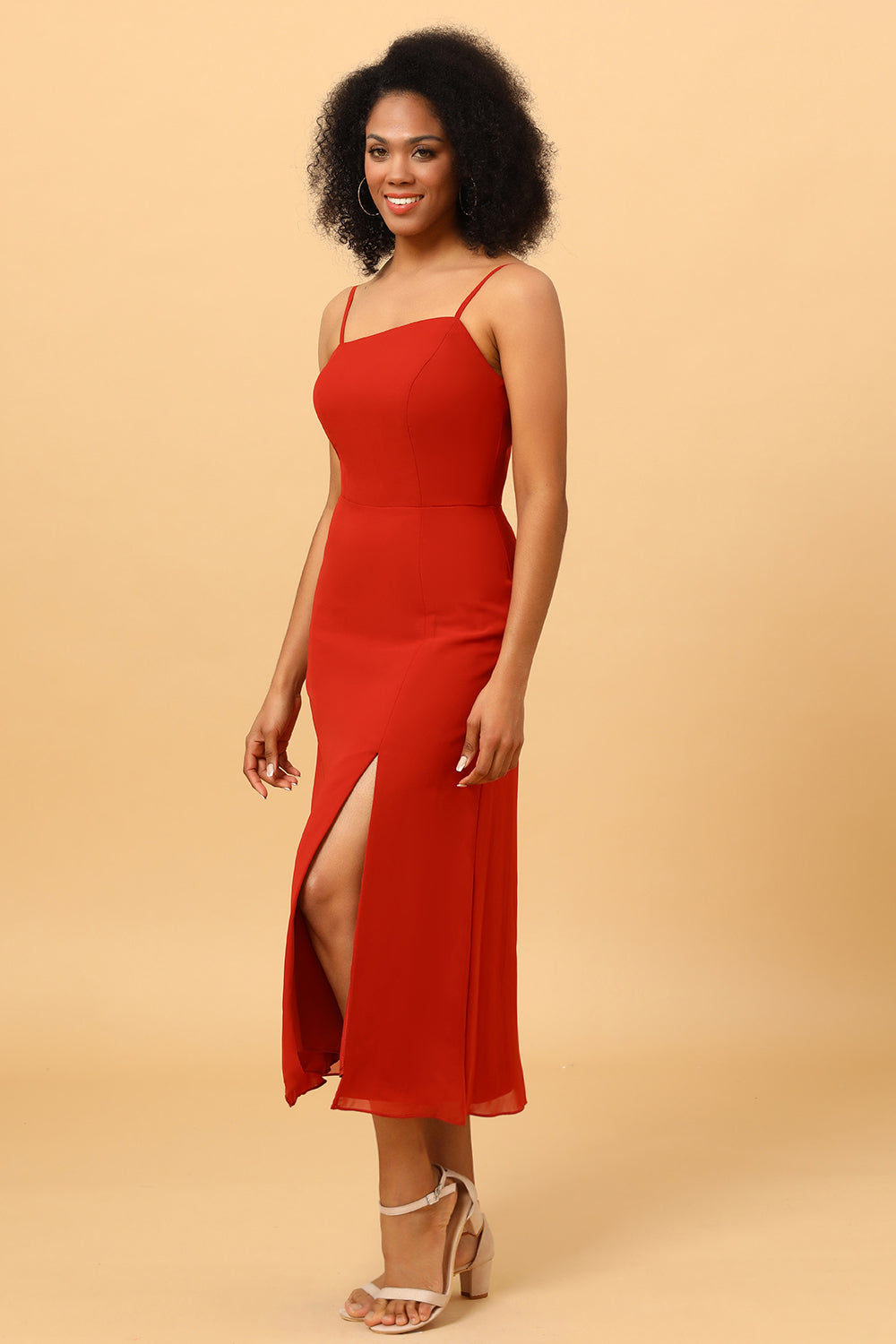 Red Chiffon Mid-Calf Bridesmaid Dress with Slit