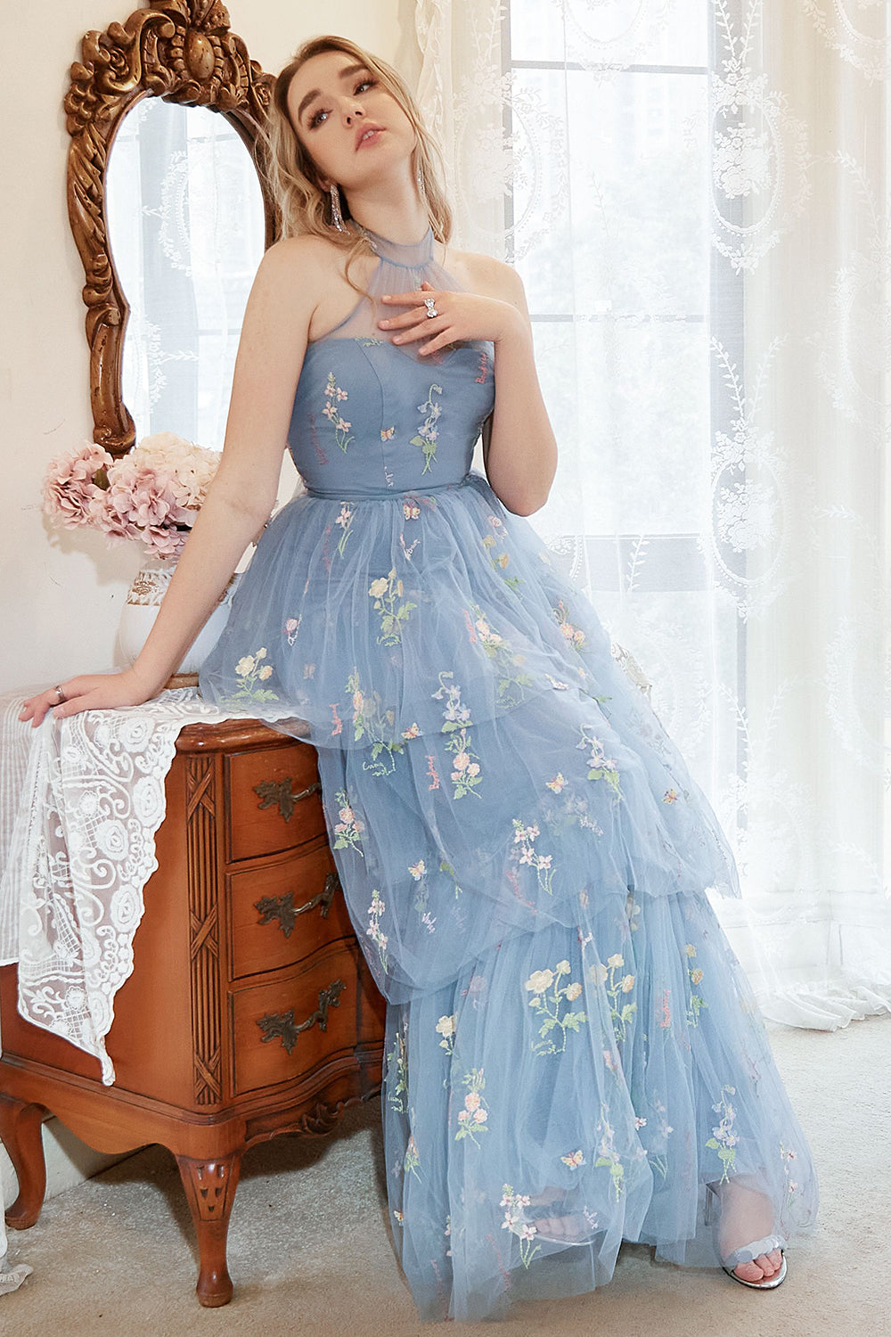 A Line Halter Grey Blue Plus Size Prom Dress with Embroidery