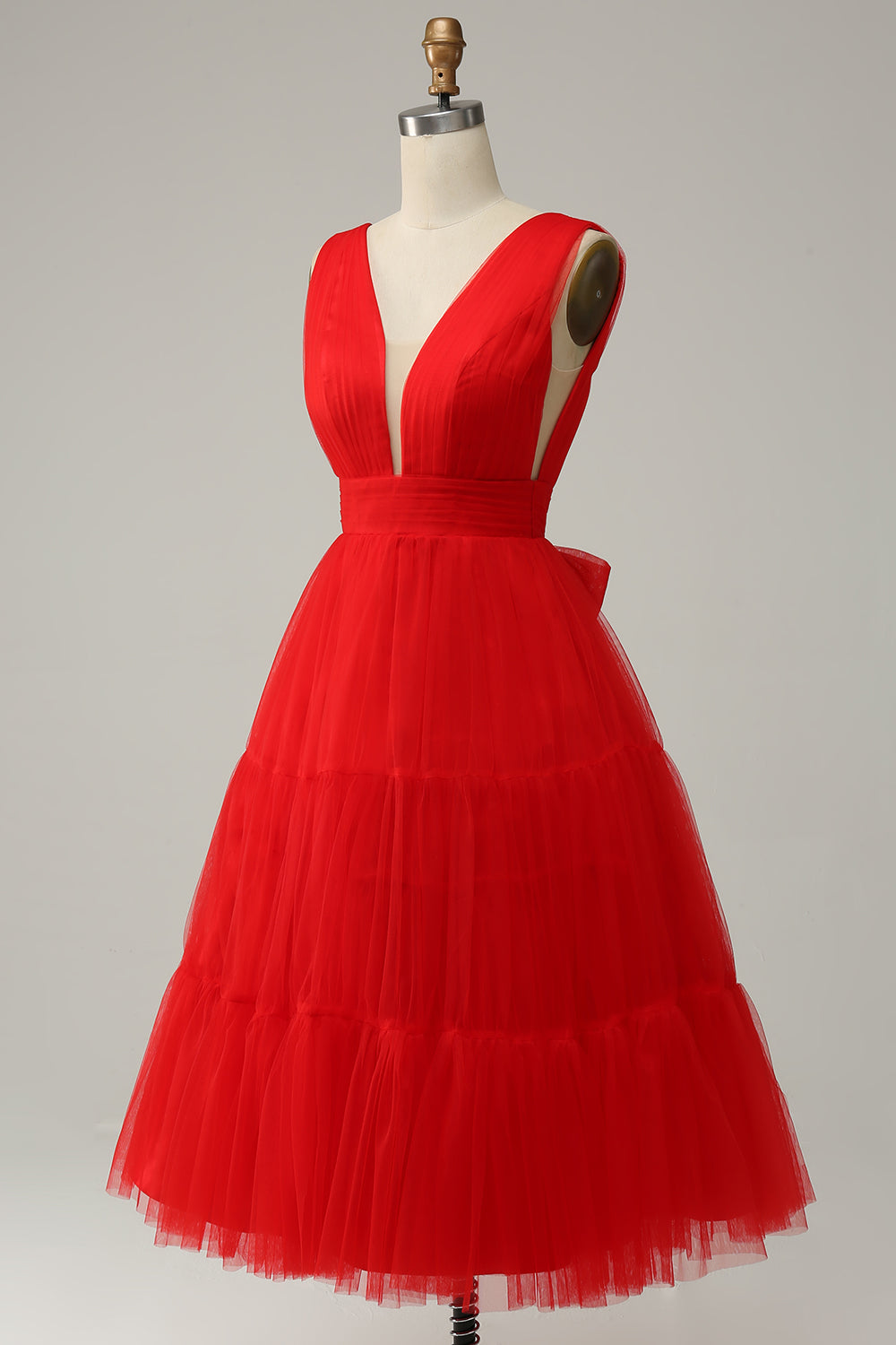 Red V-neck Tulle Tea-Length Prom Dress