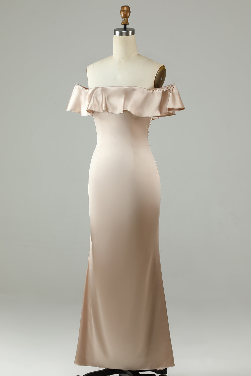 Ankle-Length Off The Shoulder Champagne Long Bridesmaid Dress with Ruffles