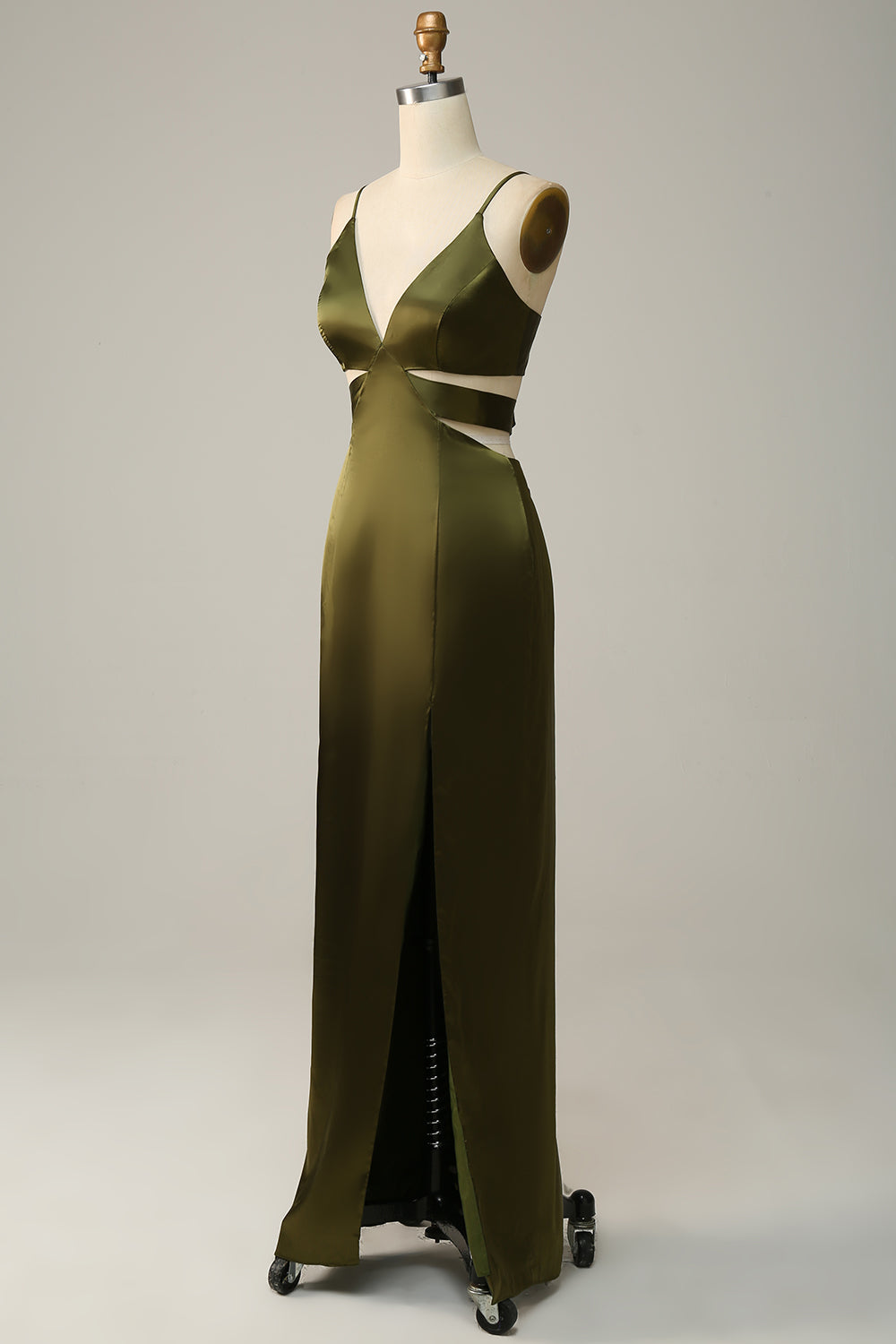 Spaghetti Straps Cut Out Olive Long Bridesmaid Dress with Slit