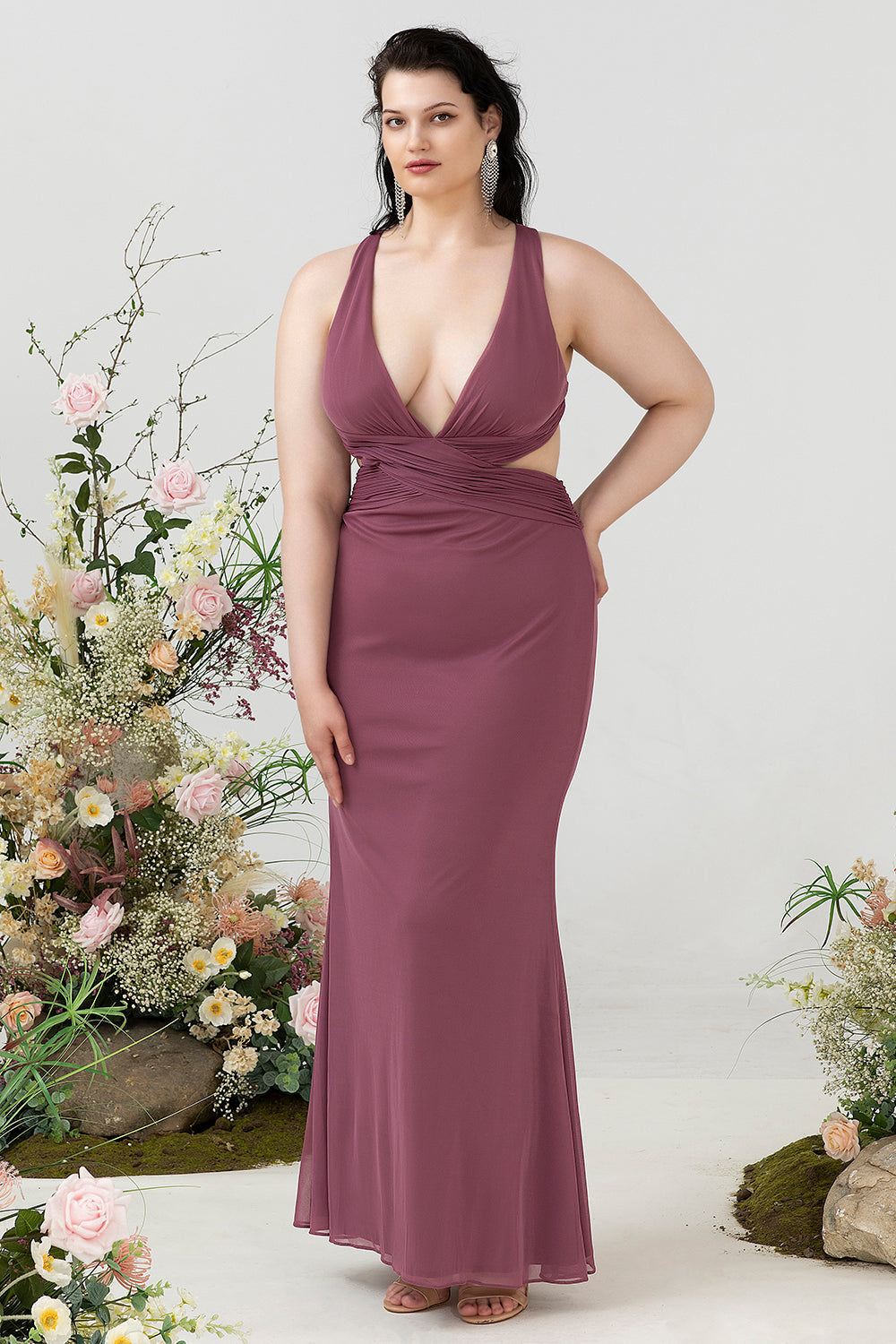 Sheath Deep V Neck Desert Rose Plus Size Wedding Guest Dress with Criss Cross Back