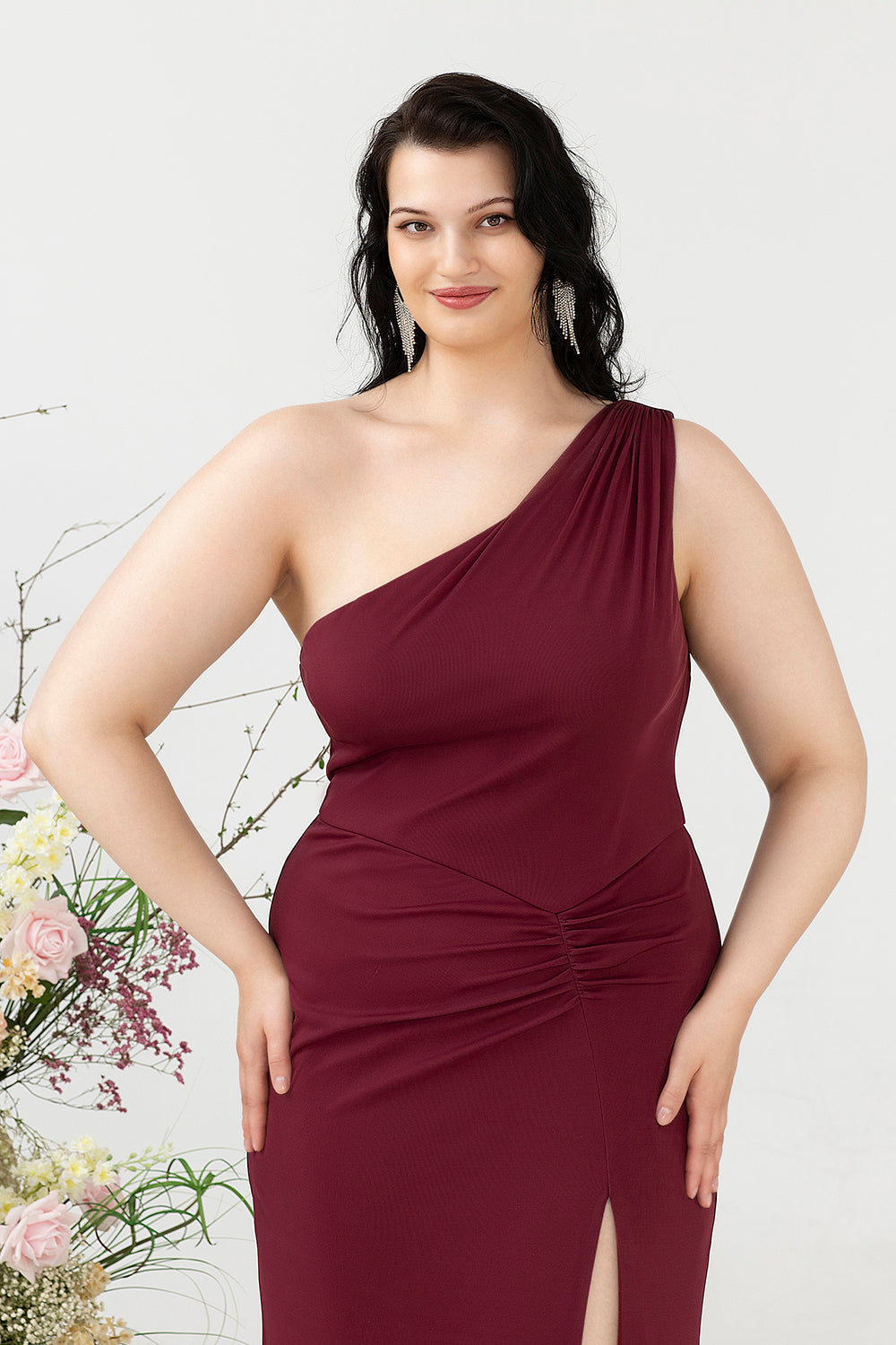 Mermaid One Shoulder Desert Rose Plus Size Wedding Guest Dress with Slit