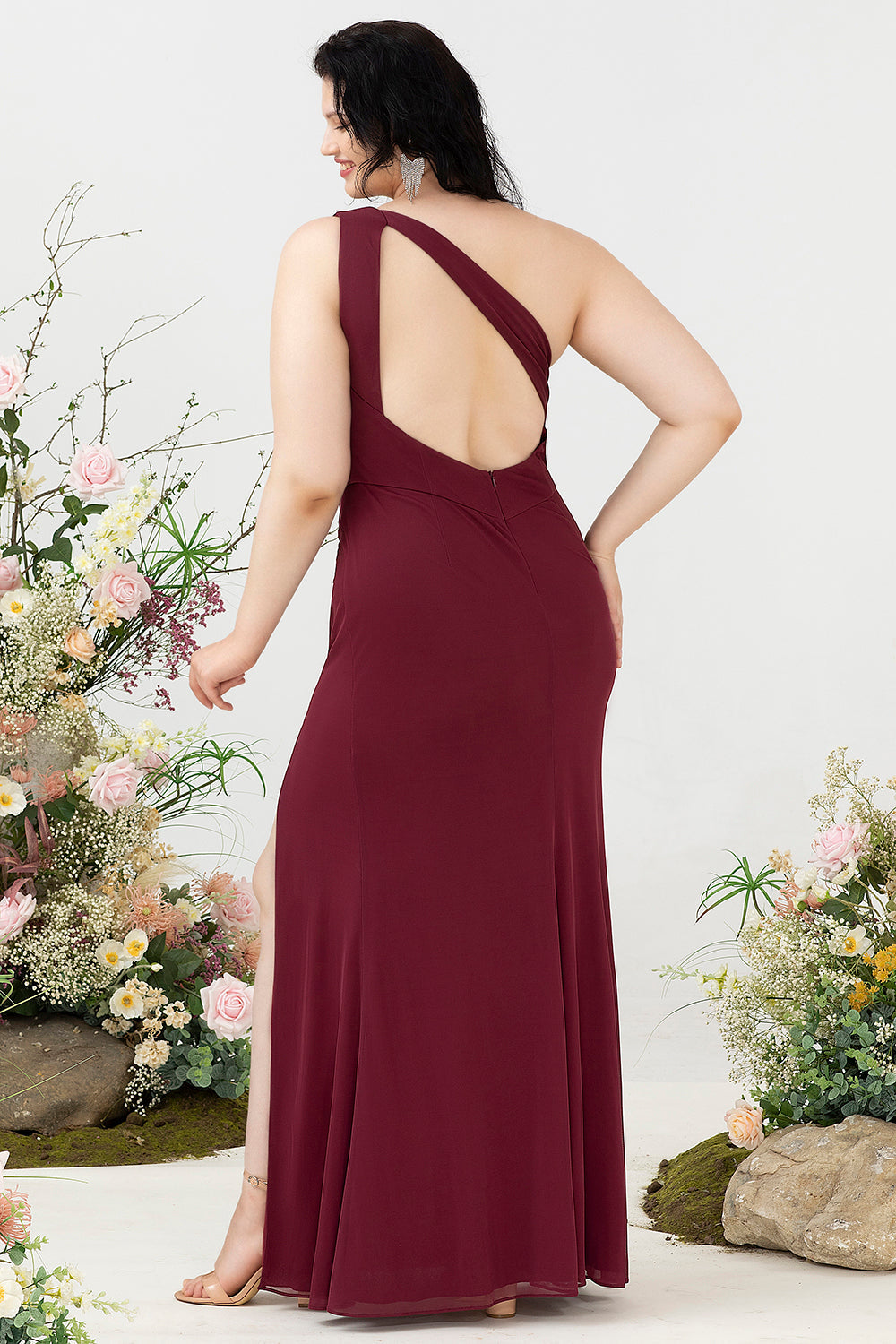 Mermaid One Shoulder Desert Rose Plus Size Wedding Guest Dress with Slit