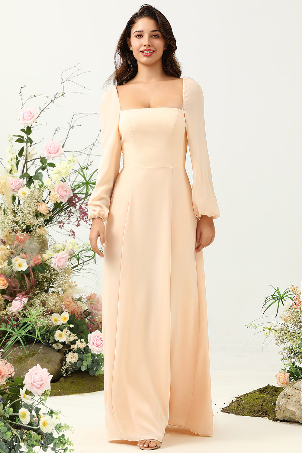 A Line Square Neck Peach Long Bridesmaid Dress with Sleeves