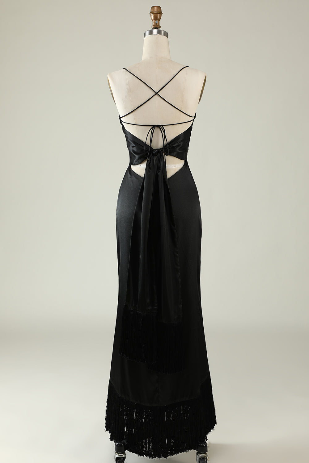 Spaghetti Straps Black Satin Prom Dress with Fringes