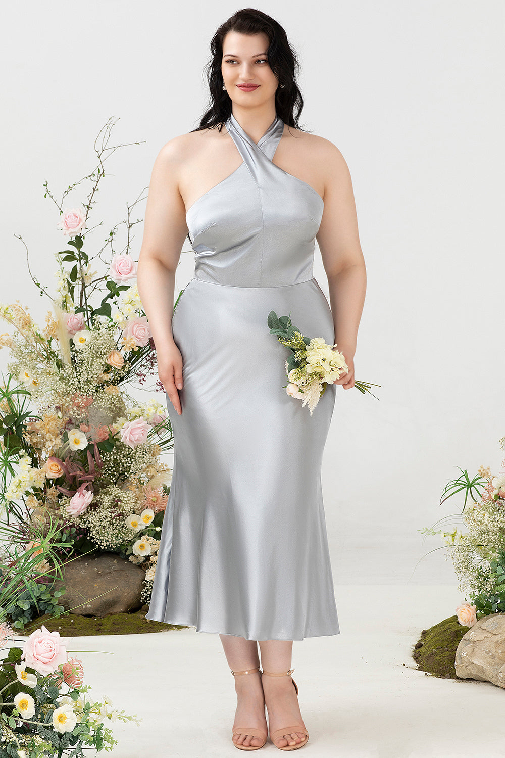 Sheath Halter Neck Silver Plus Size Wedding Guest Dress