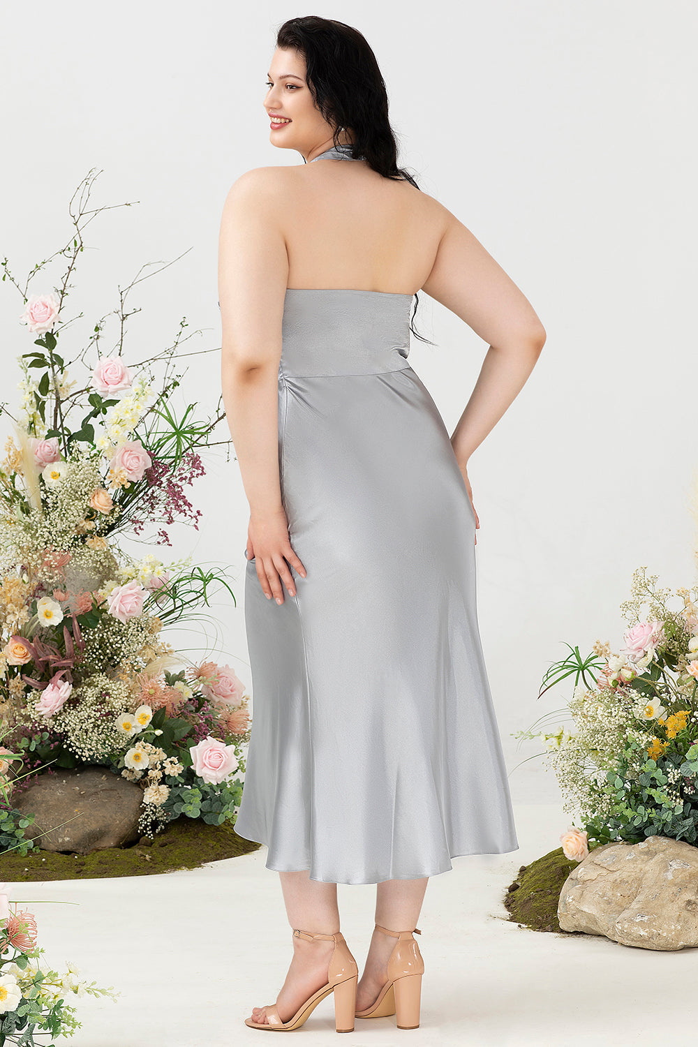 Sheath Halter Neck Silver Plus Size Wedding Guest Dress