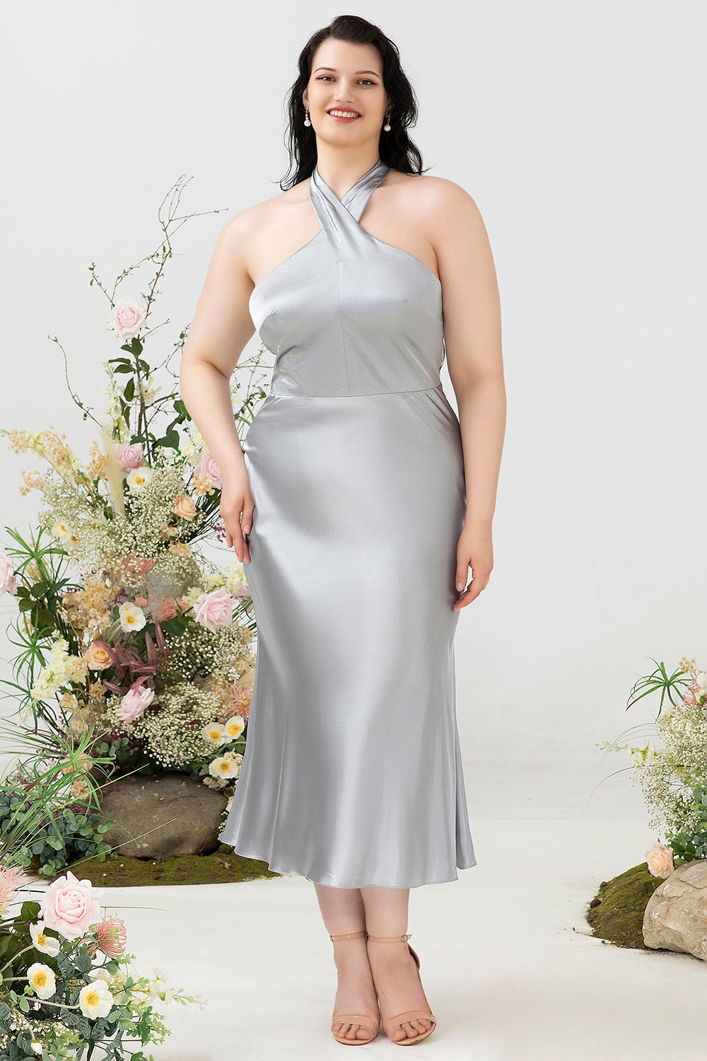 Sheath Halter Neck Silver Plus Size Wedding Guest Dress